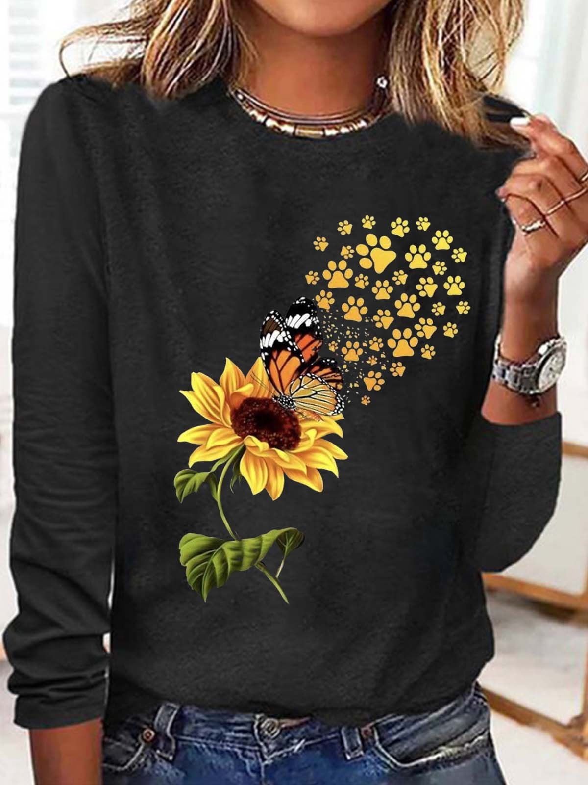 Women's Sunflowers Butterfly Paw Print Casual Crew Neck Top