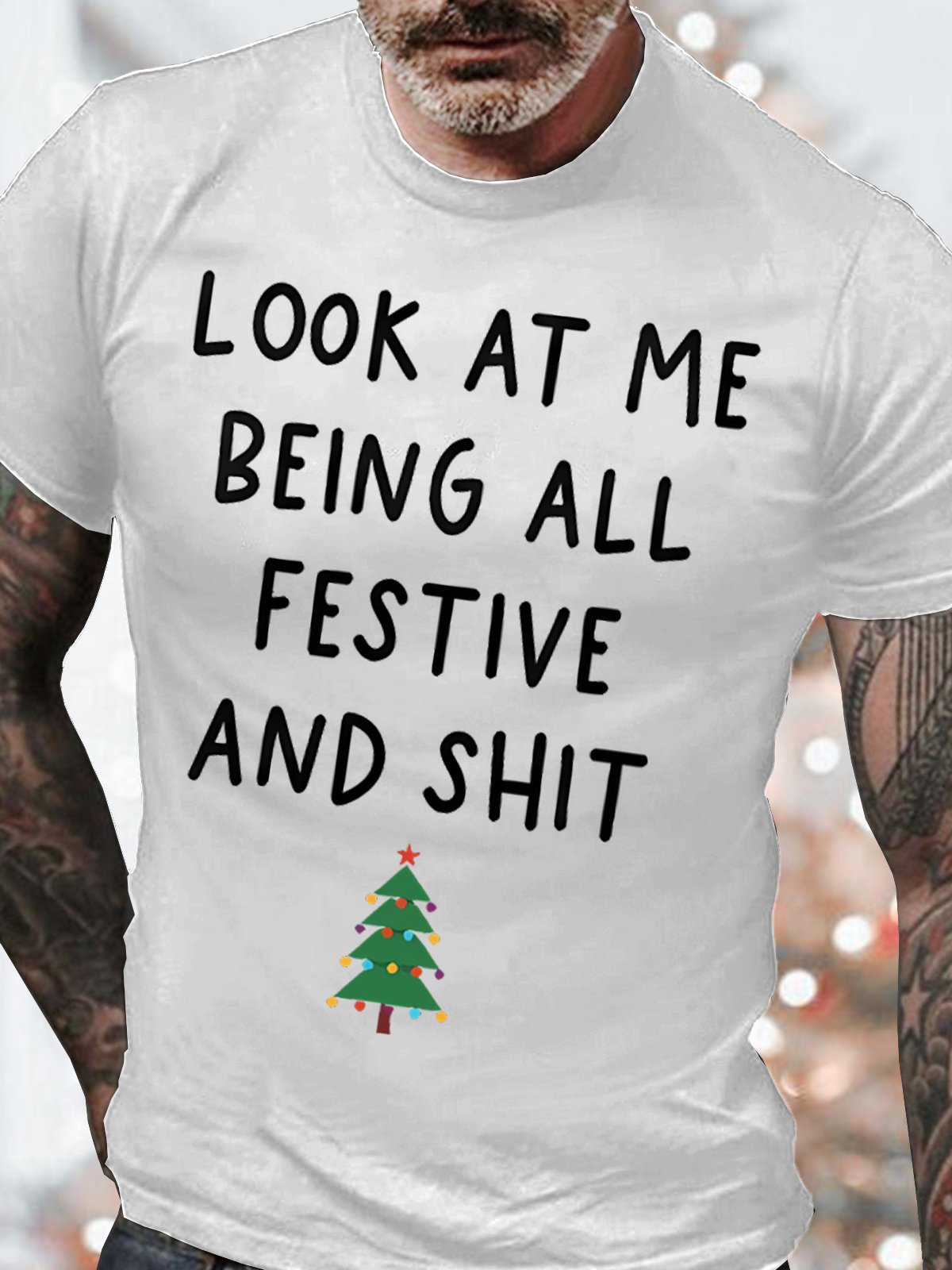 Men's Look At My Being All Festive Funny Graphic Print Cotton Casual Loose Crew Neck T-Shirt