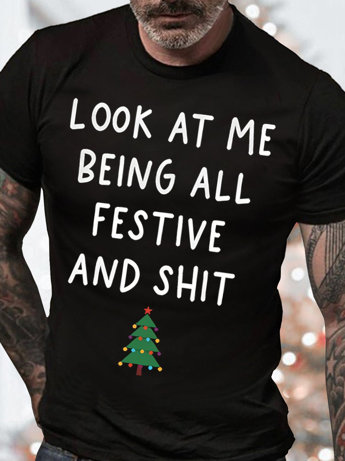 Men's Look At My Being All Festive Funny Graphic Print Cotton Casual Loose Crew Neck T-Shirt