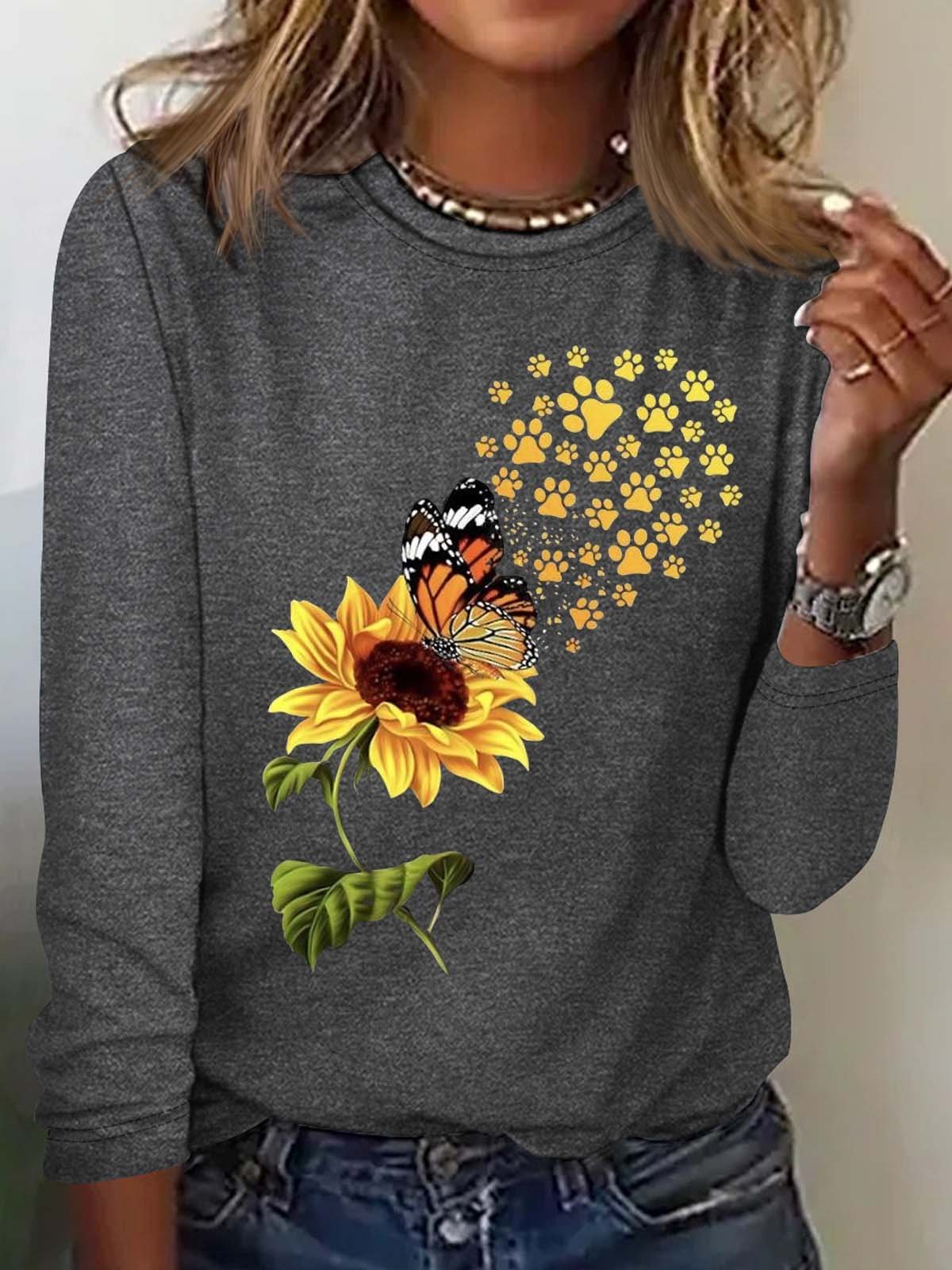 Women's Sunflowers Butterfly Paw Print Casual Crew Neck Top