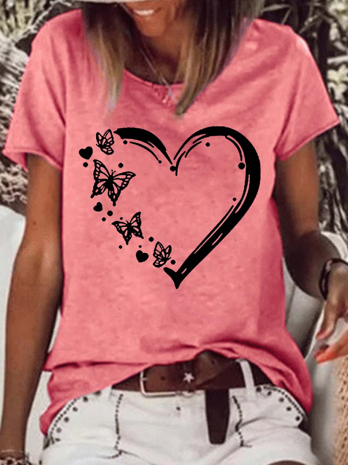 Women's Butterfly Heart Crew Neck Casual T-Shirt