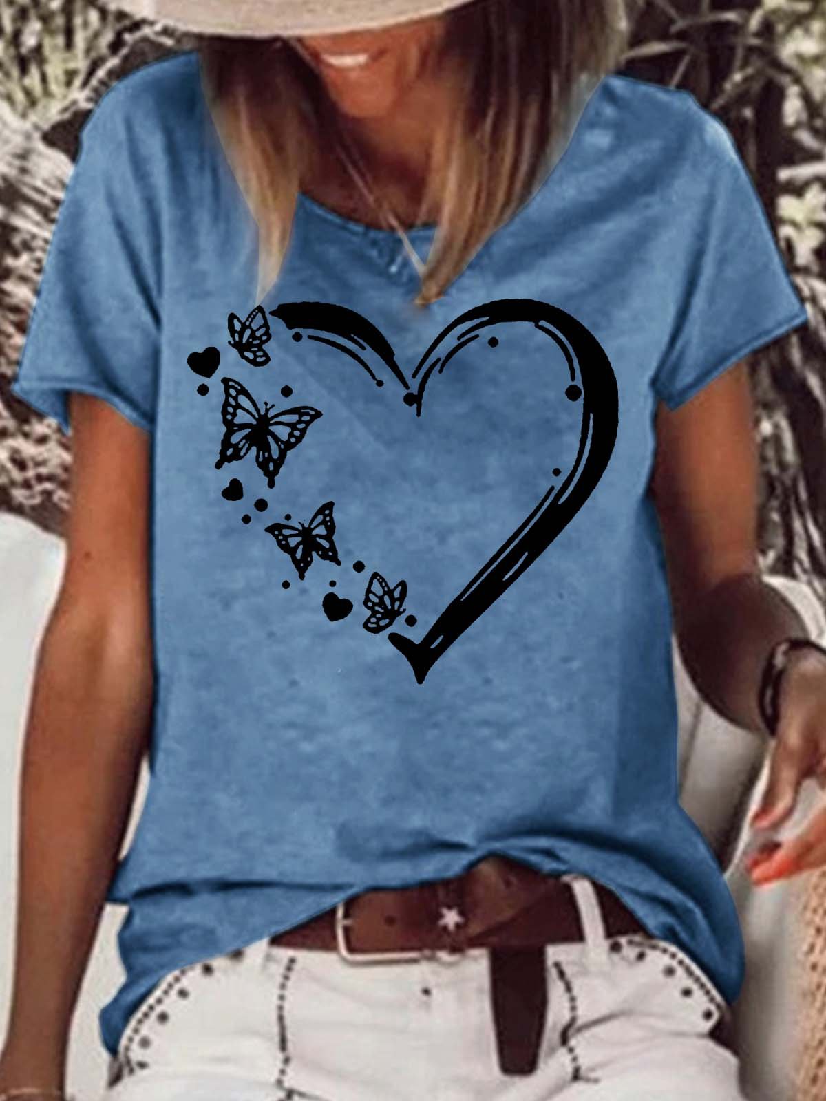 Women's Butterfly Heart Crew Neck Casual T-Shirt