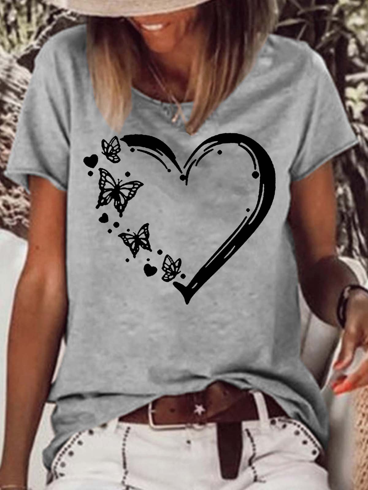 Women's Butterfly Heart Crew Neck Casual T-Shirt