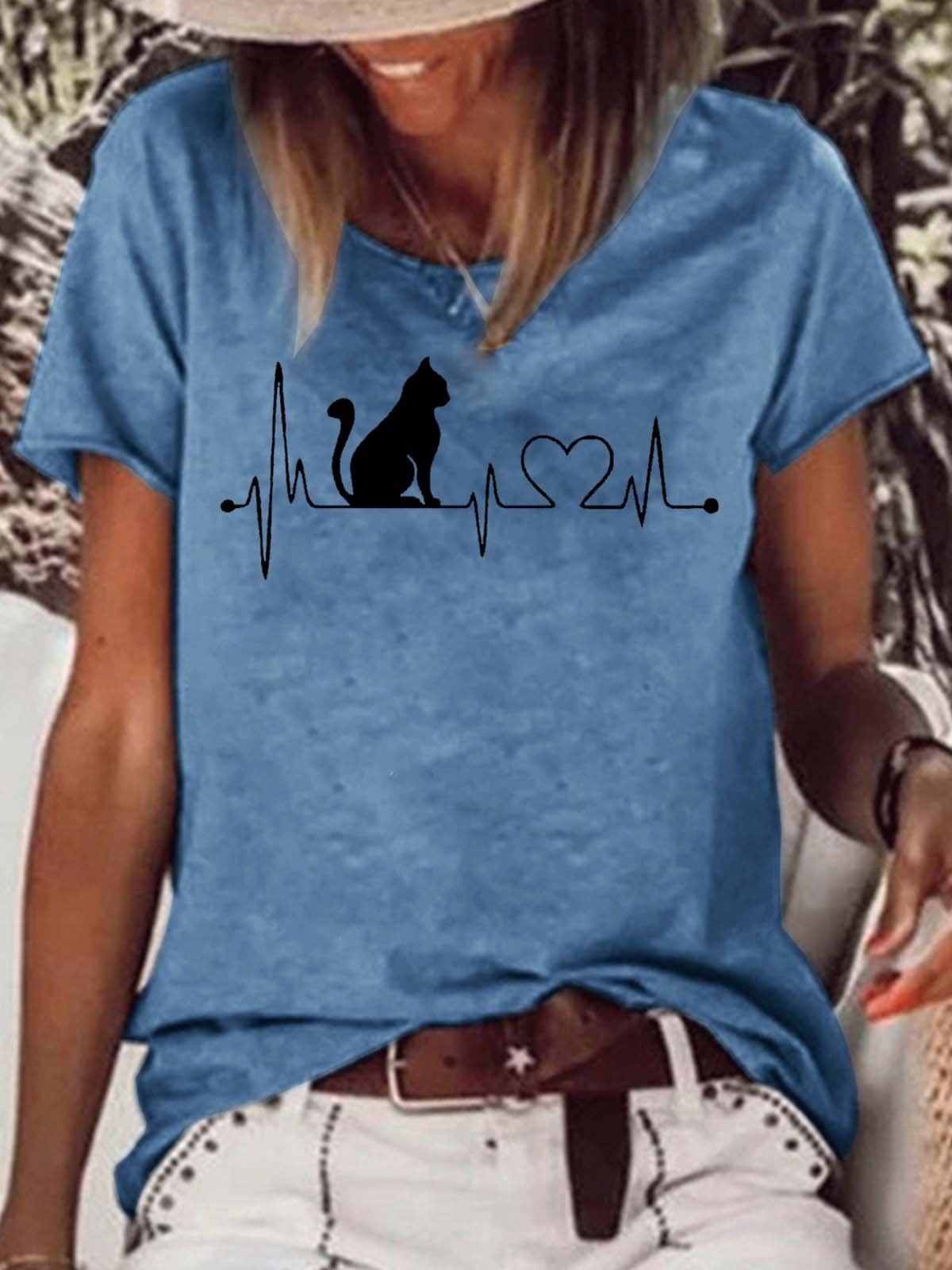 Women's Casual Cat Heart Beat T-Shirt