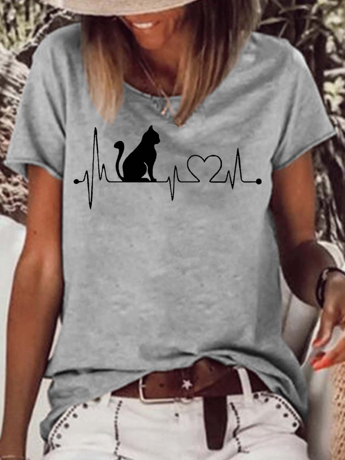 Women's Casual Cat Heart Beat T-Shirt