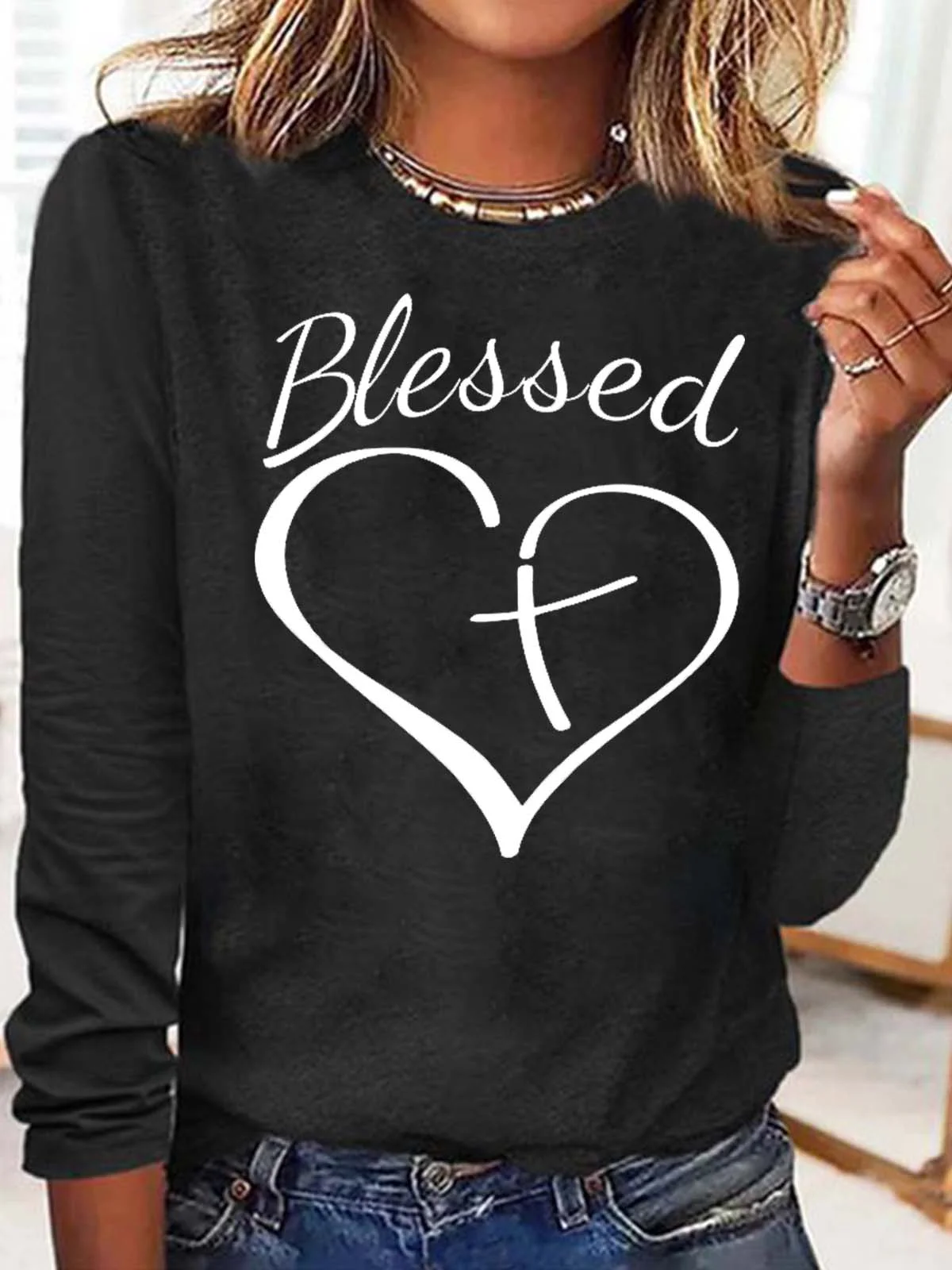 Women's Christian Blessed Heart Print Crew Neck Casual Letters Top