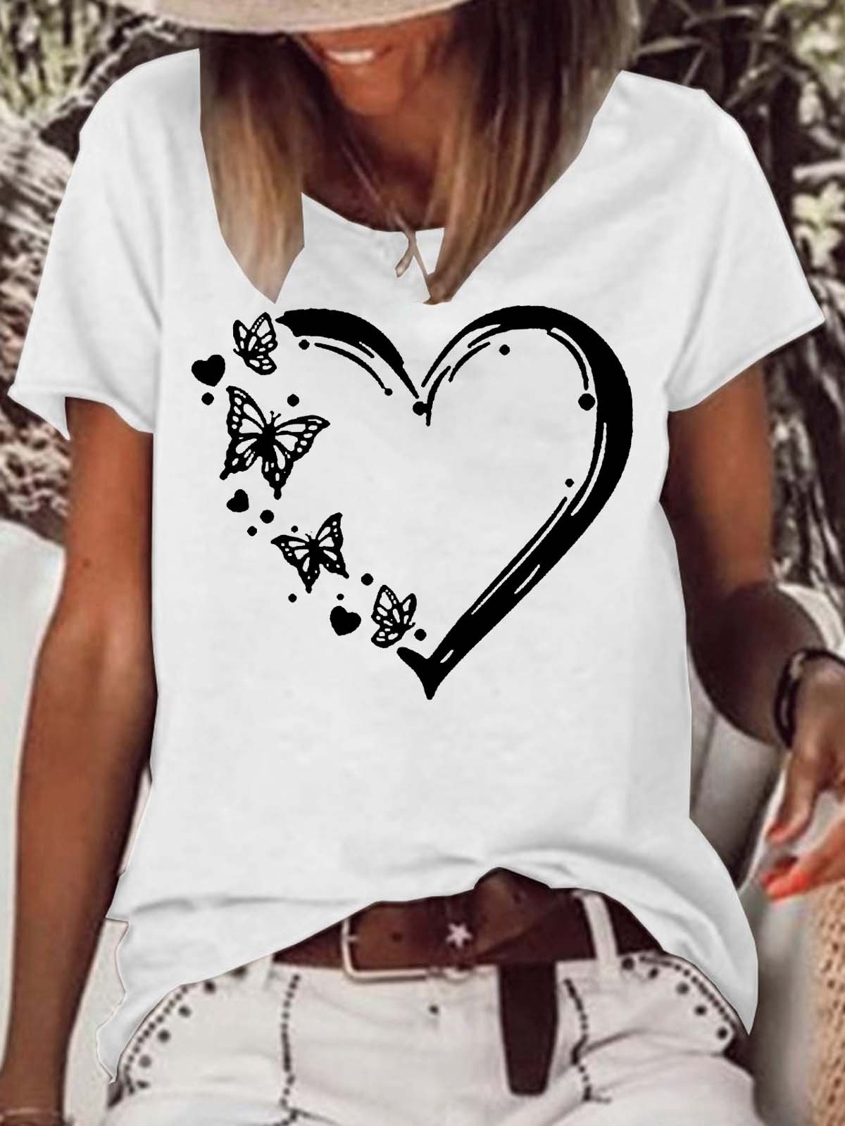 Women's Butterfly Heart Crew Neck Casual T-Shirt