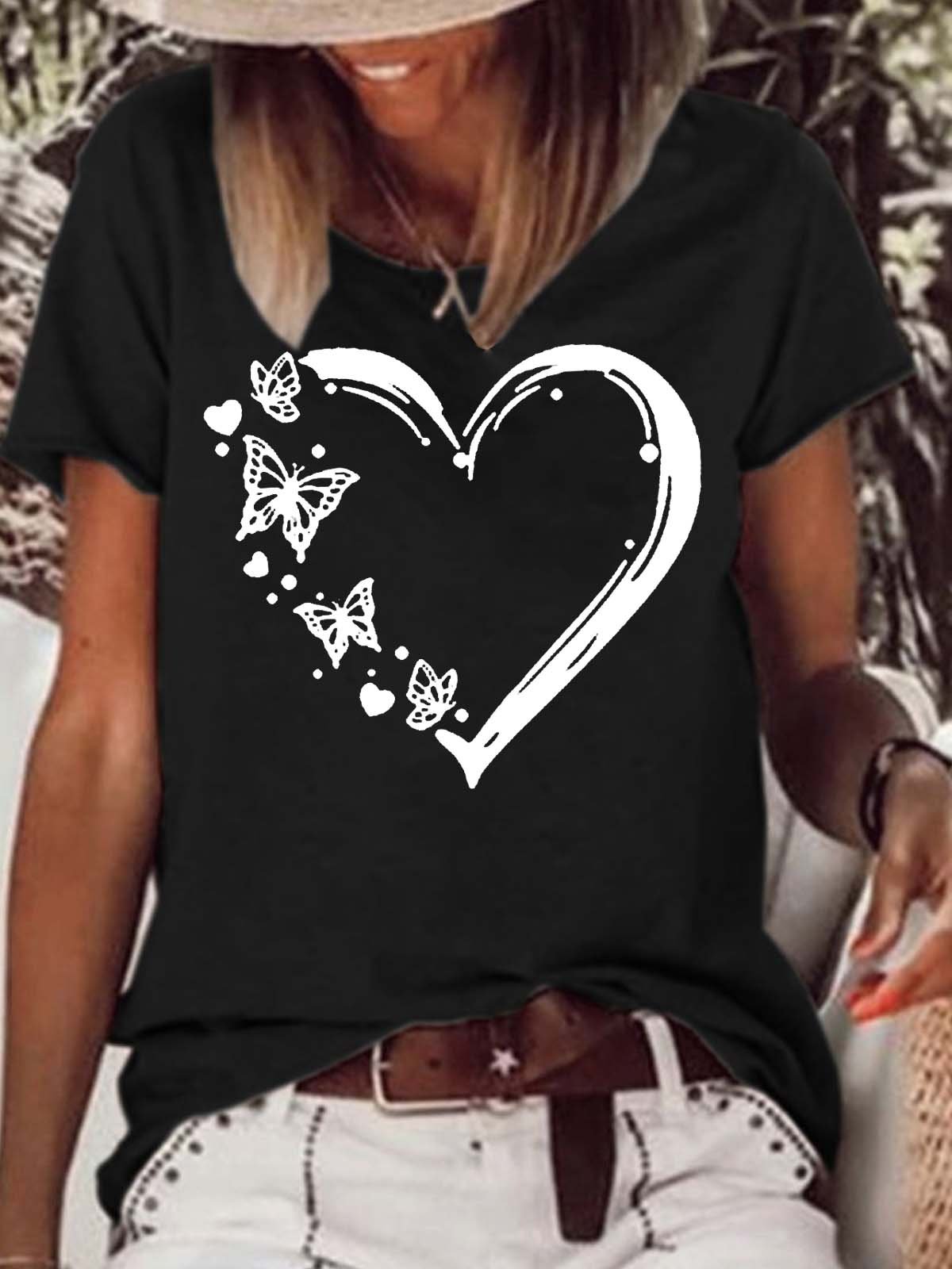 Women's Butterfly Heart Crew Neck Casual T-Shirt