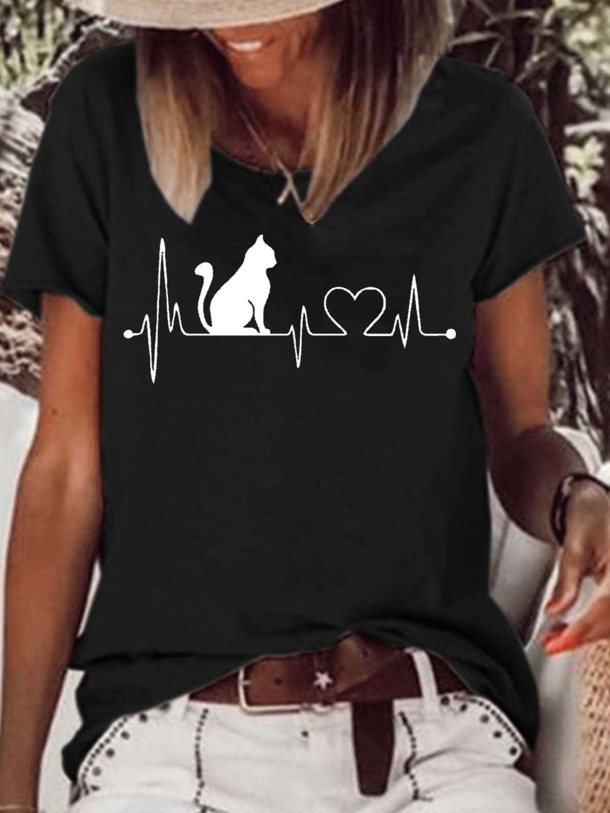 Women's Casual Cat Heart Beat T-Shirt