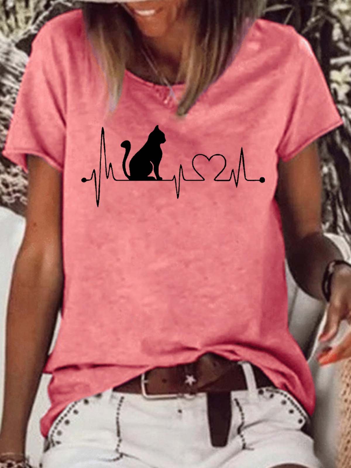 Women's Casual Cat Heart Beat T-Shirt