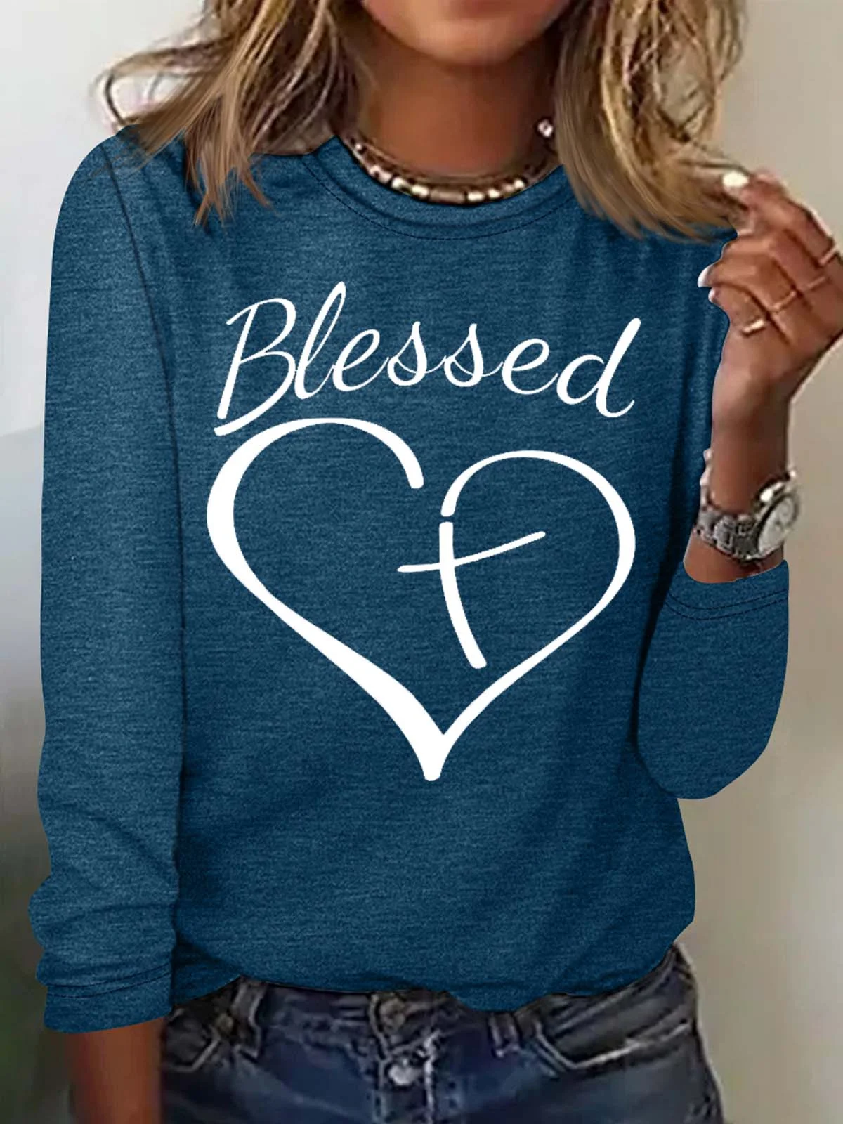 Women's Christian Blessed Heart Print Crew Neck Casual Letters Top