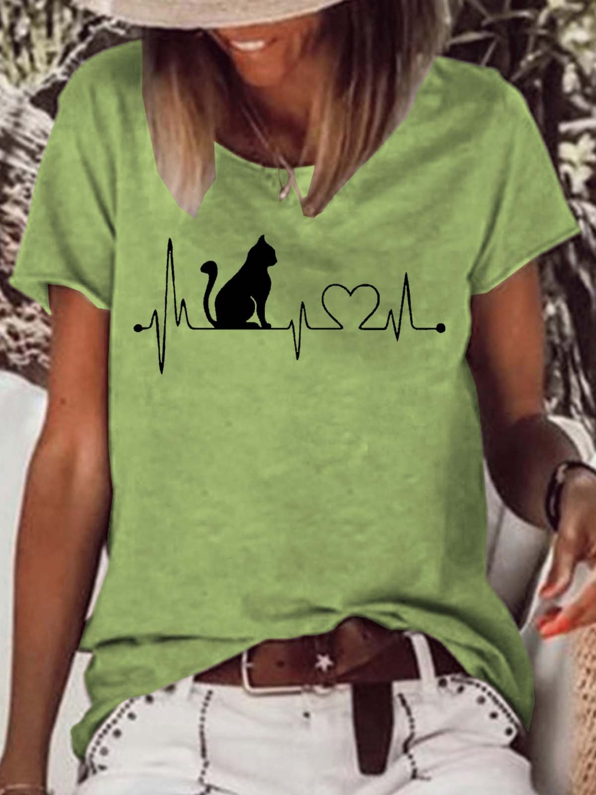 Women's Casual Cat Heart Beat T-Shirt