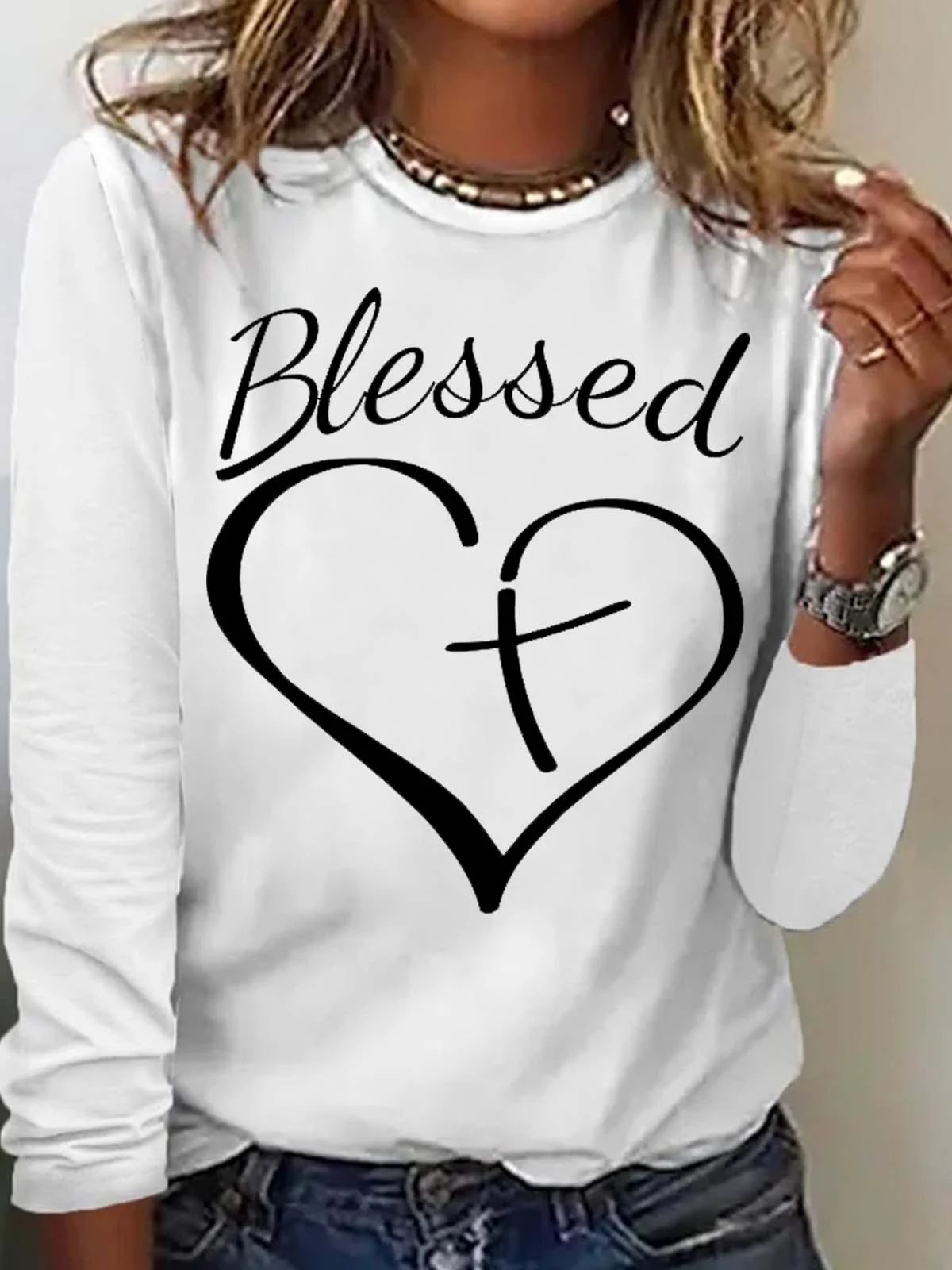 Women's Christian Blessed Heart Print Crew Neck Casual Letters Top