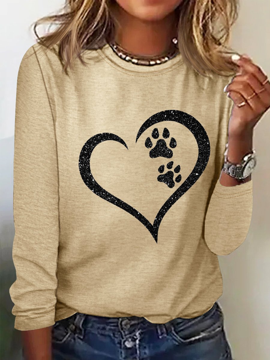 Women's Print Dog Lover Paw Heart Regular Fit Simple Long Sleeve Top