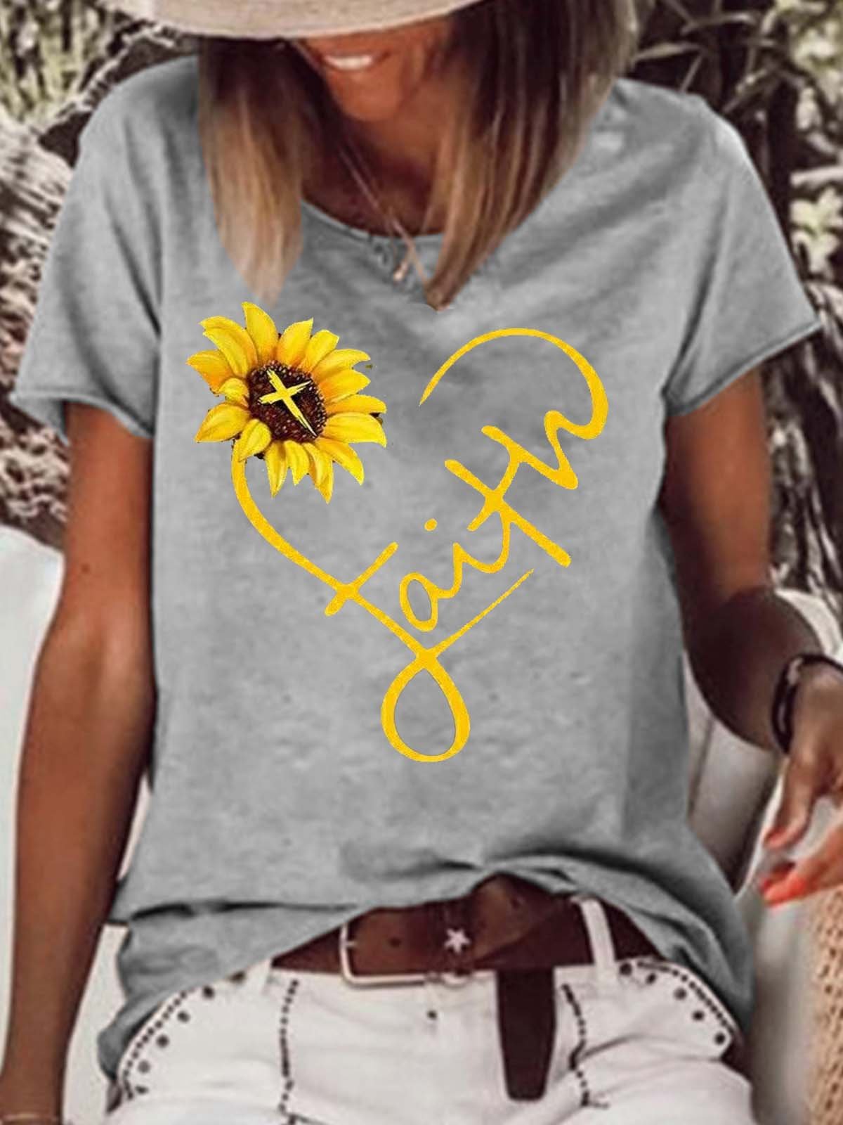 Women's Sunflower Faith Christian Letters Crew Neck Casual T-Shirt