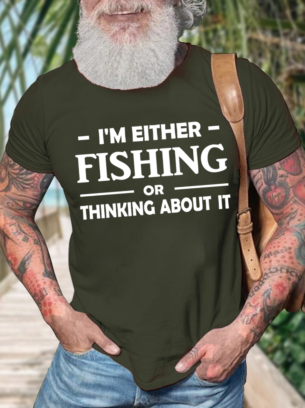 Men's I Am Either Fishing Thinking About It Funny Graphic Print Cotton Text Letters Casual Loose T-Shirt