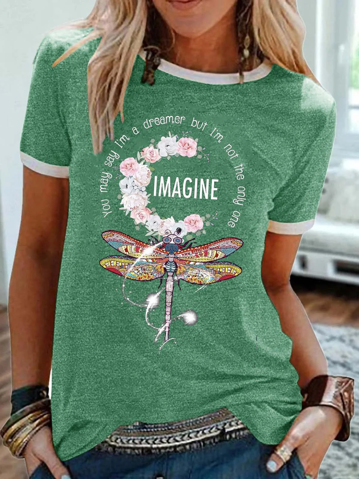 Women's Image Dragonfly Print Casual Crew Neck T-Shirt