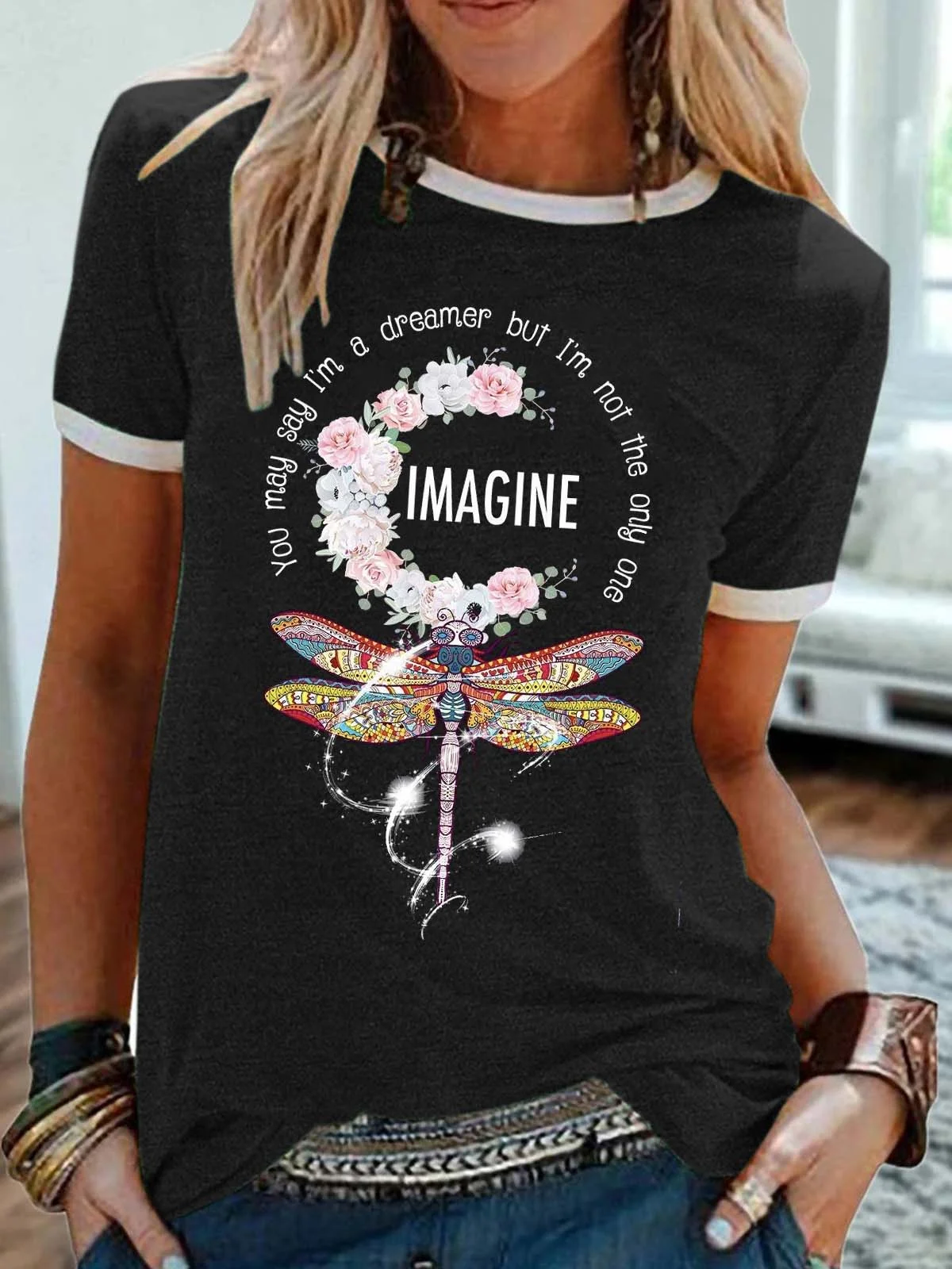 Women's Image Dragonfly Print Casual Crew Neck T-Shirt