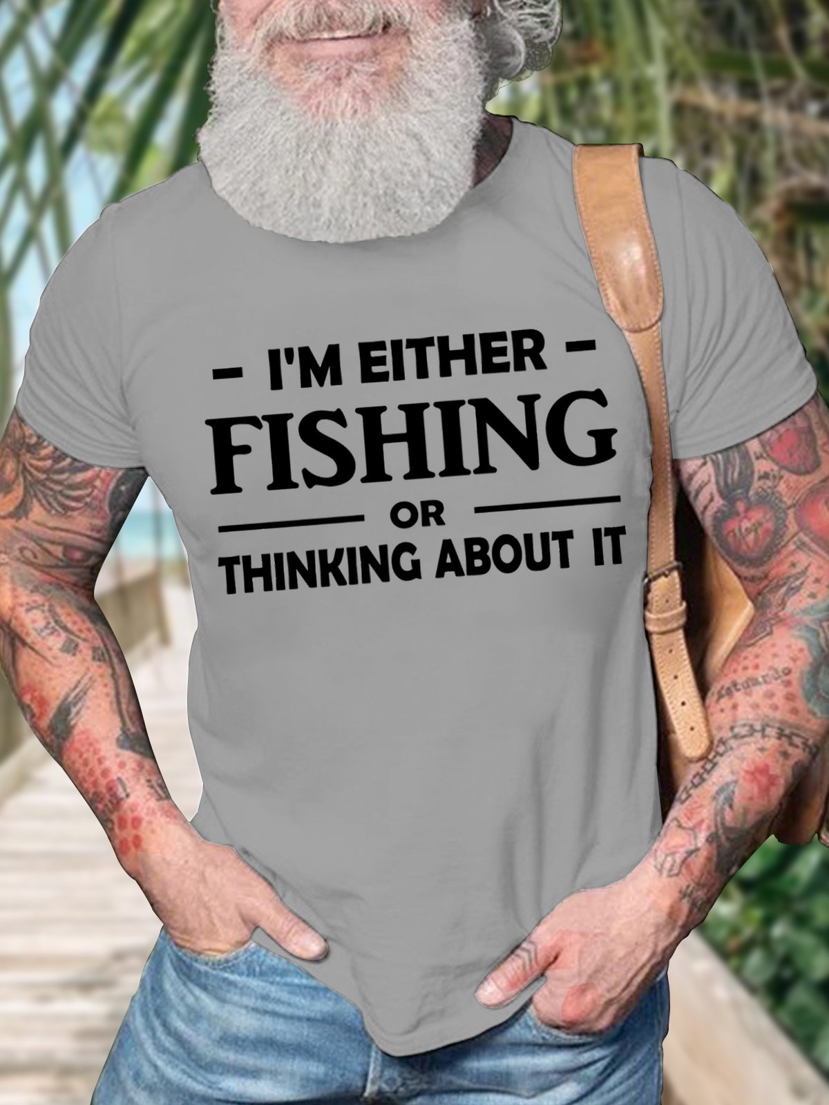 Men's I Am Either Fishing Thinking About It Funny Graphic Print Cotton Text Letters Casual Loose T-Shirt