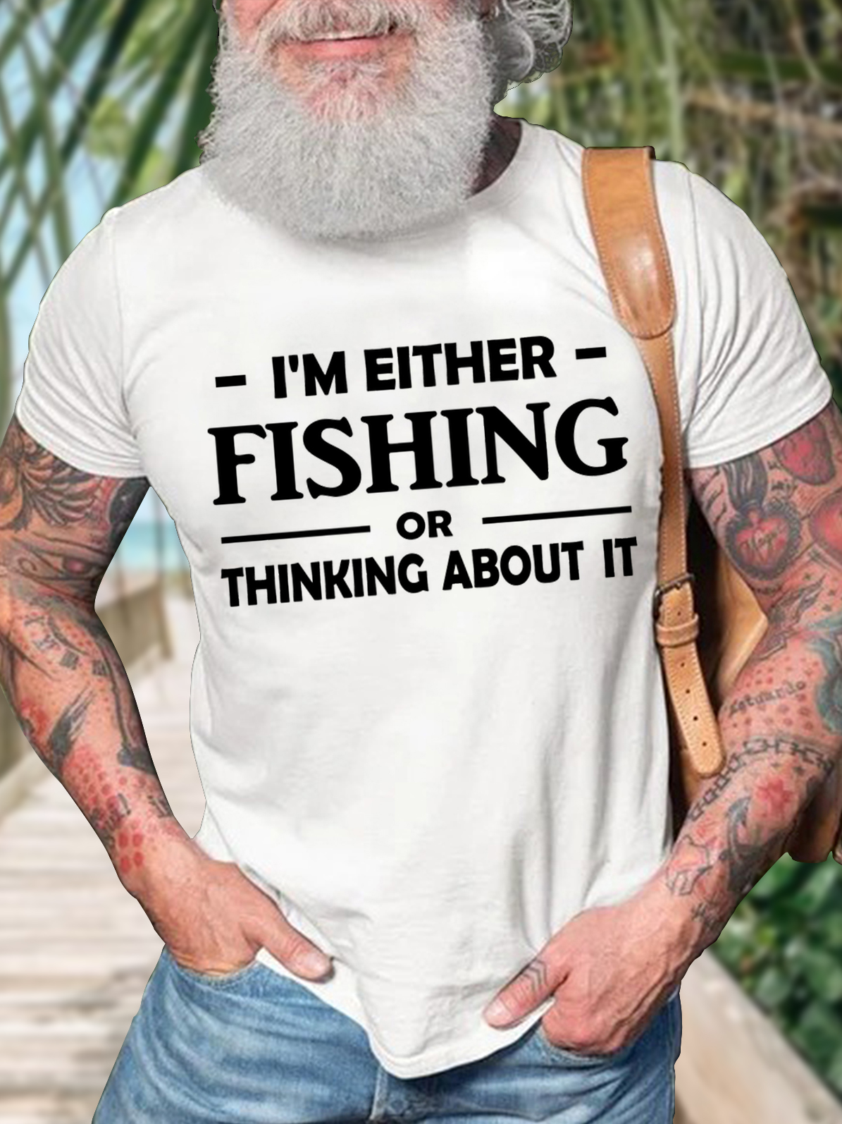 Men's I Am Either Fishing Thinking About It Funny Graphic Print Cotton Text Letters Casual Loose T-Shirt