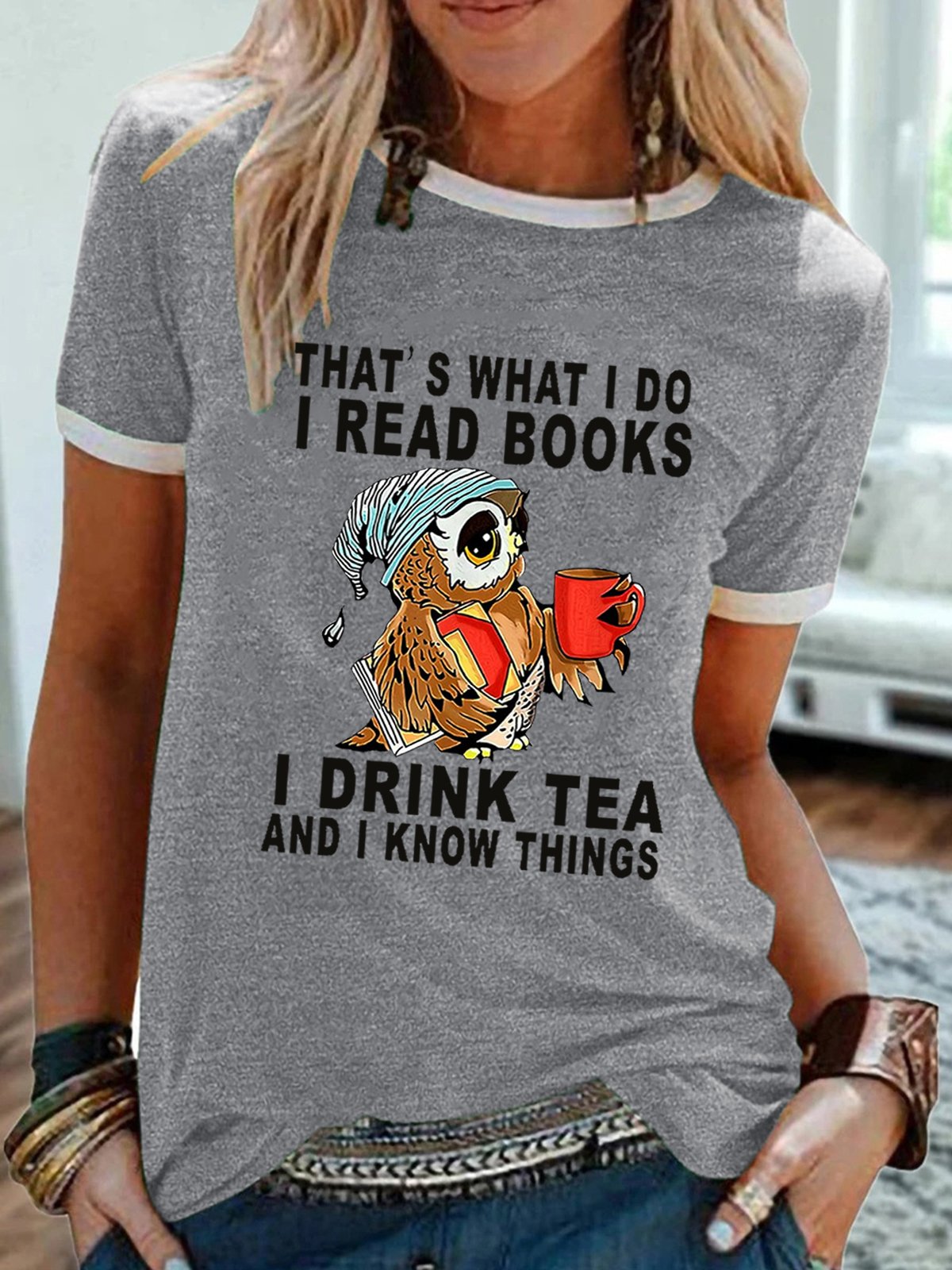 Women Owl That’s What I Do I Read Books I Drink Tea And I Know Things Cotton-Blend Crew Neck T-Shirt