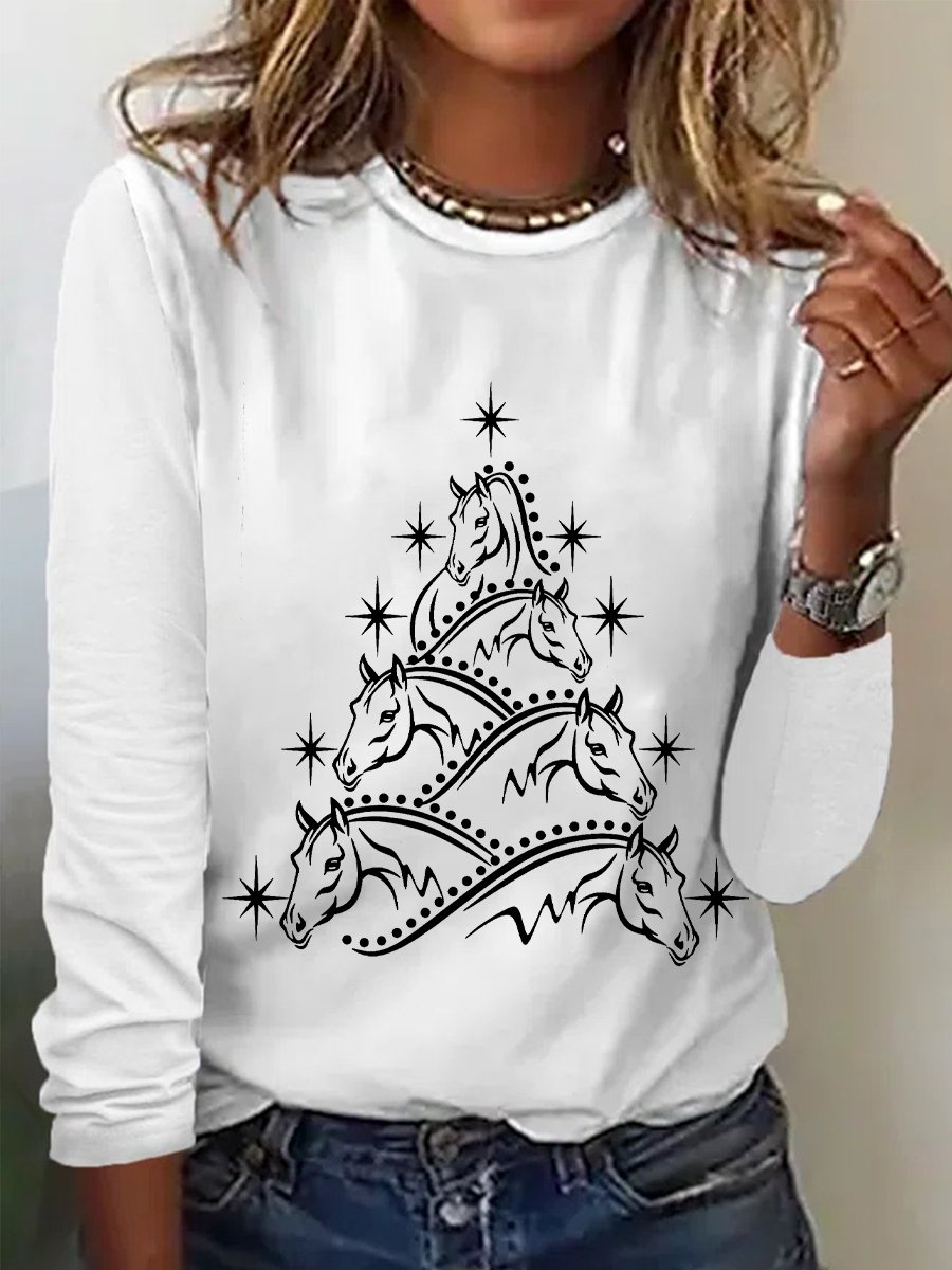 Women's Horse Tree Simple Crew Neck Regular Fit Cotton-Blend Top