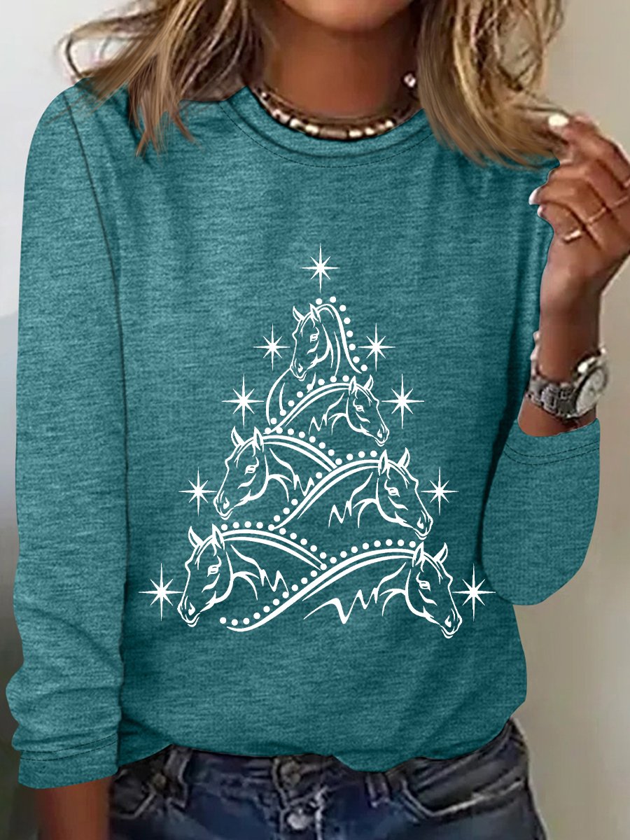 Women's Horse Tree Simple Crew Neck Regular Fit Cotton-Blend Top