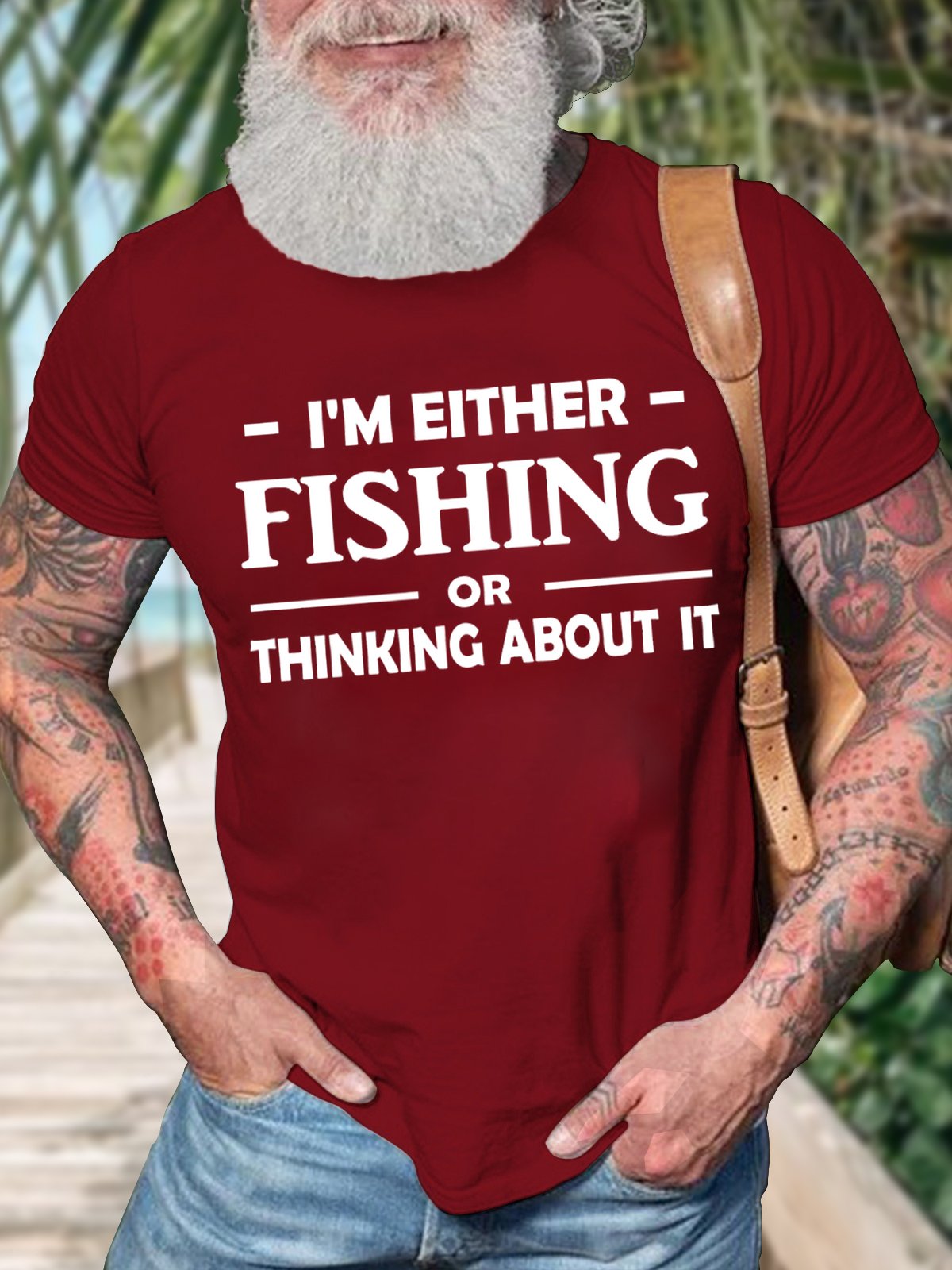 Men's I Am Either Fishing Thinking About It Funny Graphic Print Cotton Text Letters Casual Loose T-Shirt