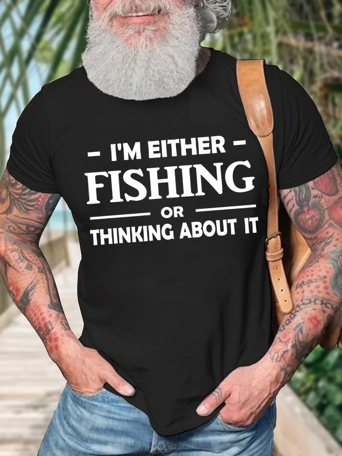 Men's I Am Either Fishing Thinking About It Funny Graphic Print Cotton Text Letters Casual Loose T-Shirt