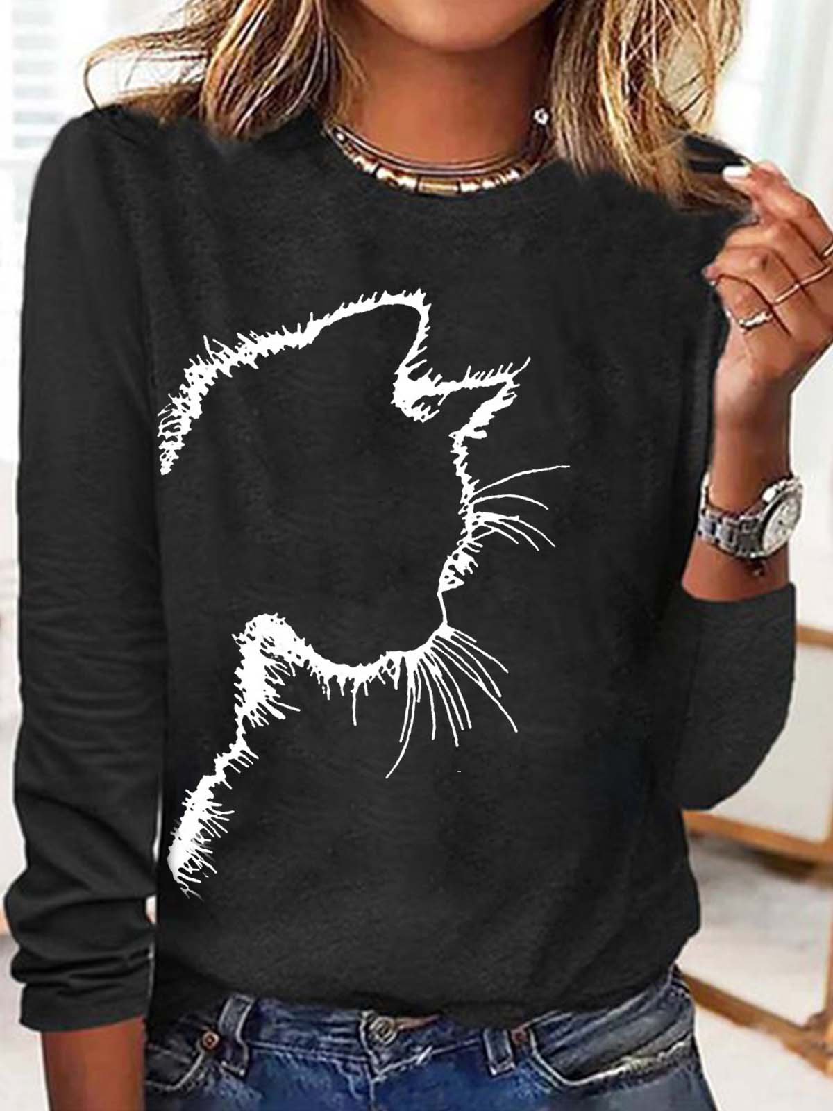 Women's Cute Cat Print Casual Crew Neck Top