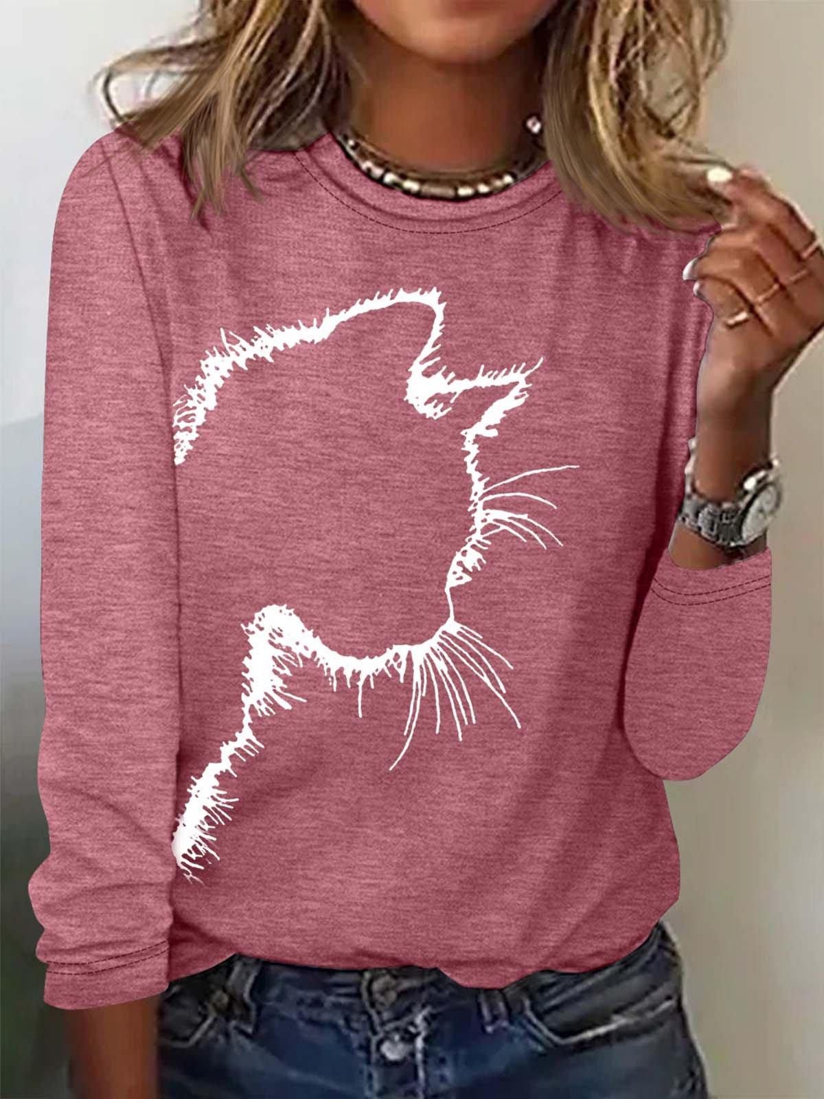 Women's Cute Cat Print Casual Crew Neck Top