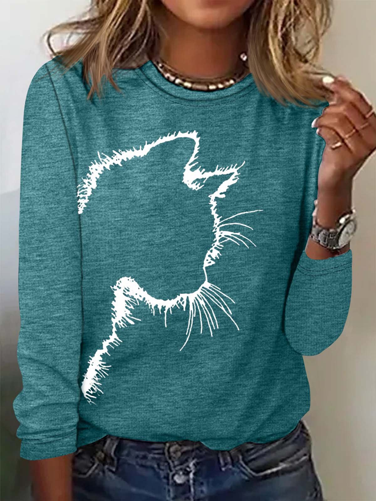 Women's Cute Cat Print Casual Crew Neck Top