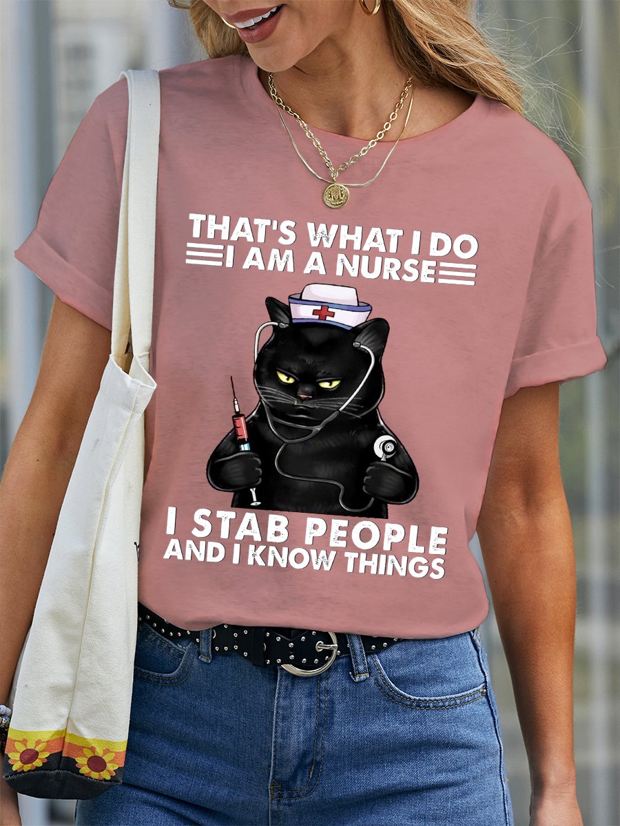 Women‘s Funny Word Black Cat That's What I Do I Am A Nurse Casual T-Shirt