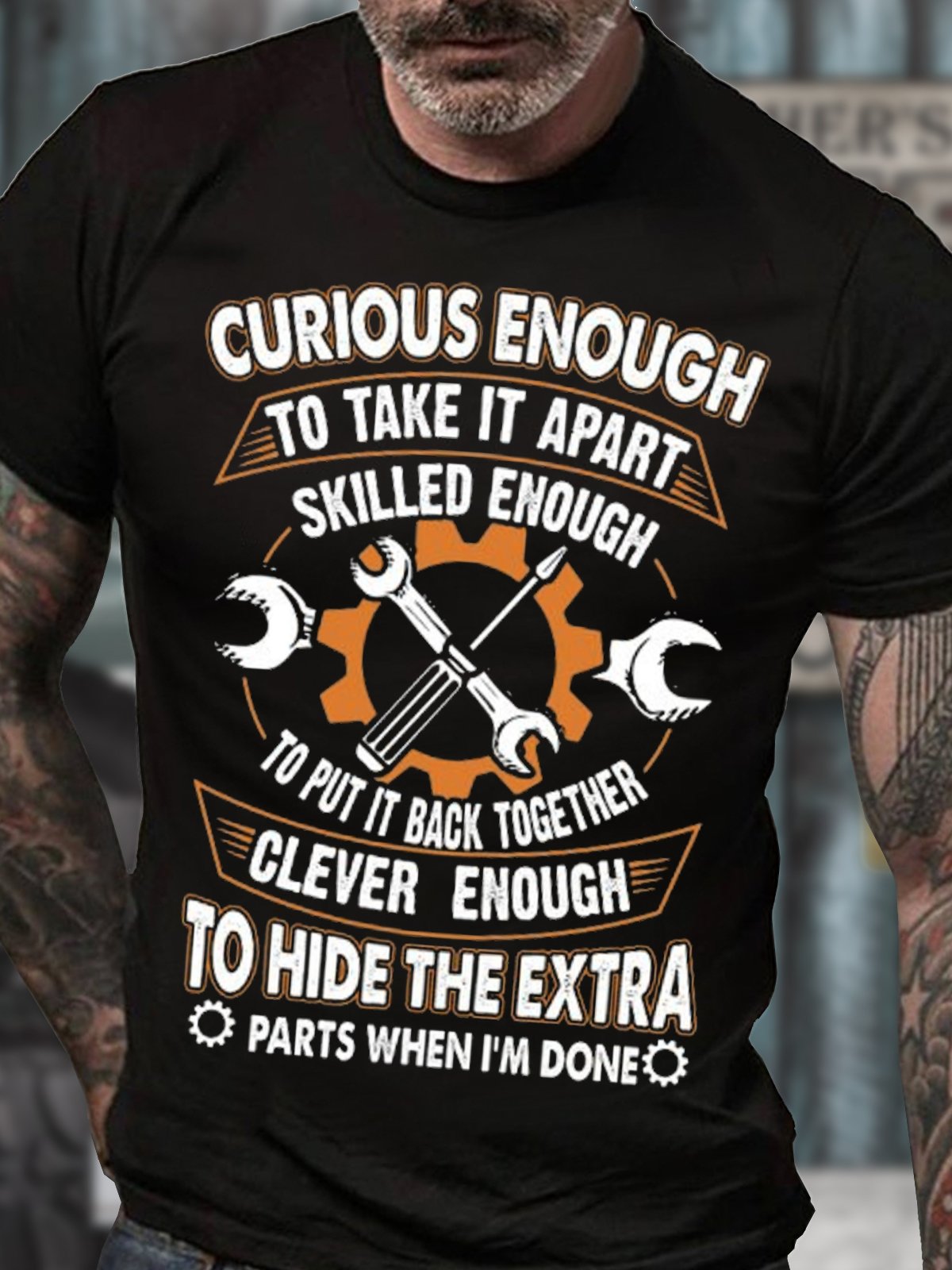 Men's Curious Enough To Take It Apart Skilled Enough To Put It Back Together Funny Graphic Print Cotton Loose Casual Crew Neck T-Shirt