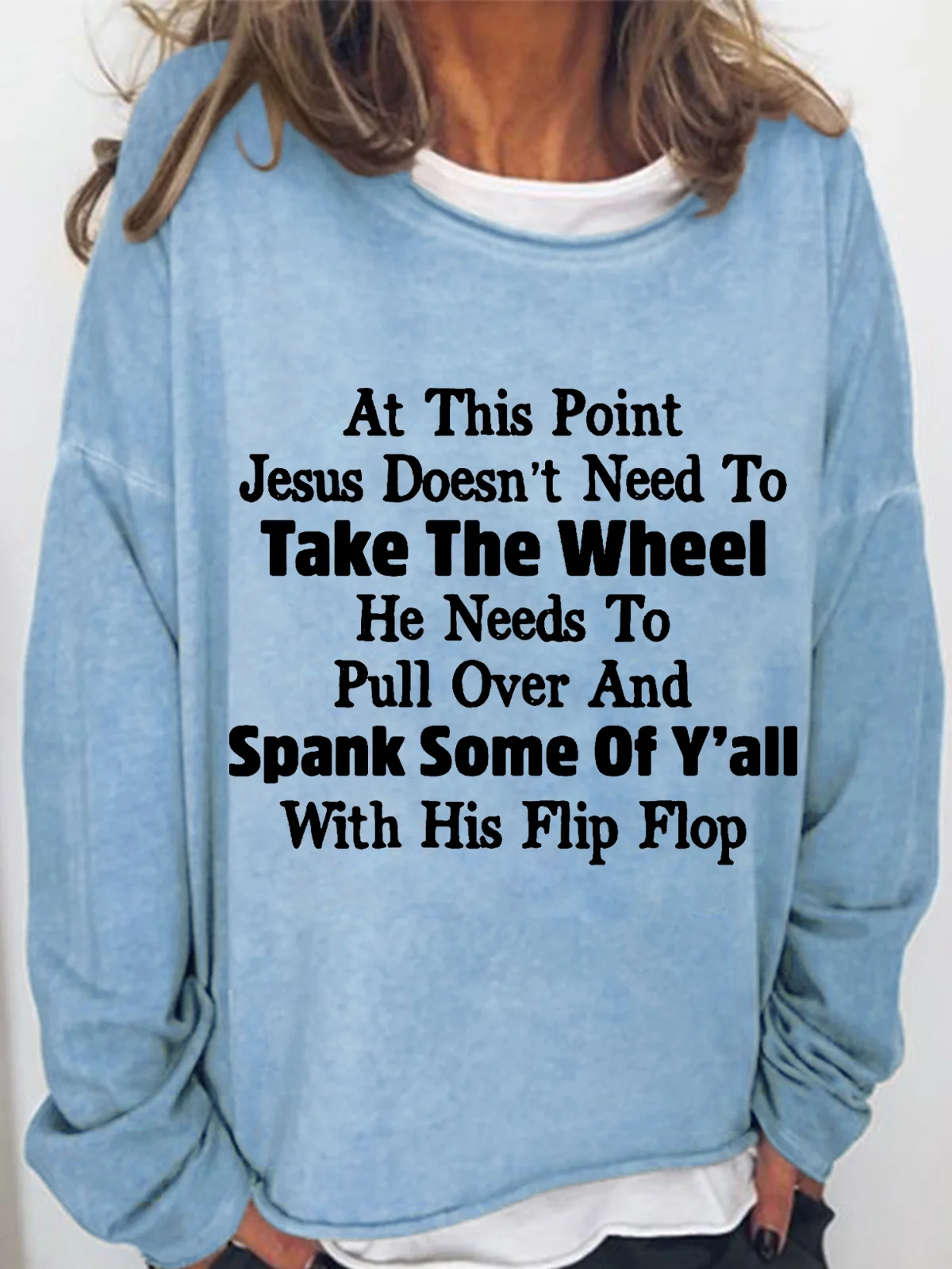 Women's Funny Word At This Point Jesus Doesn’t Need Simple Crew Neck Text Letters Loose Sweatshirt