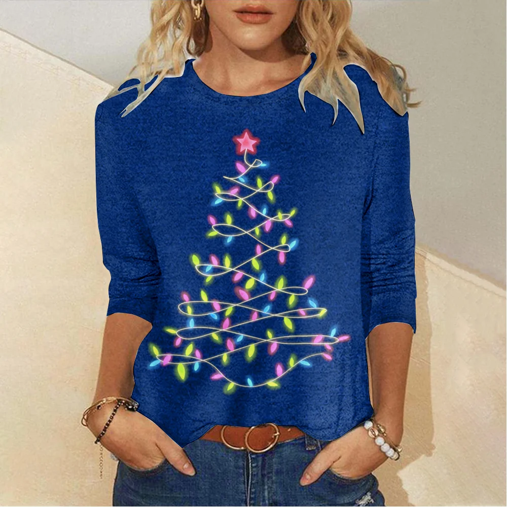 Women's Christmas Tree Light Crew Neck Casual Long Sleeve Top