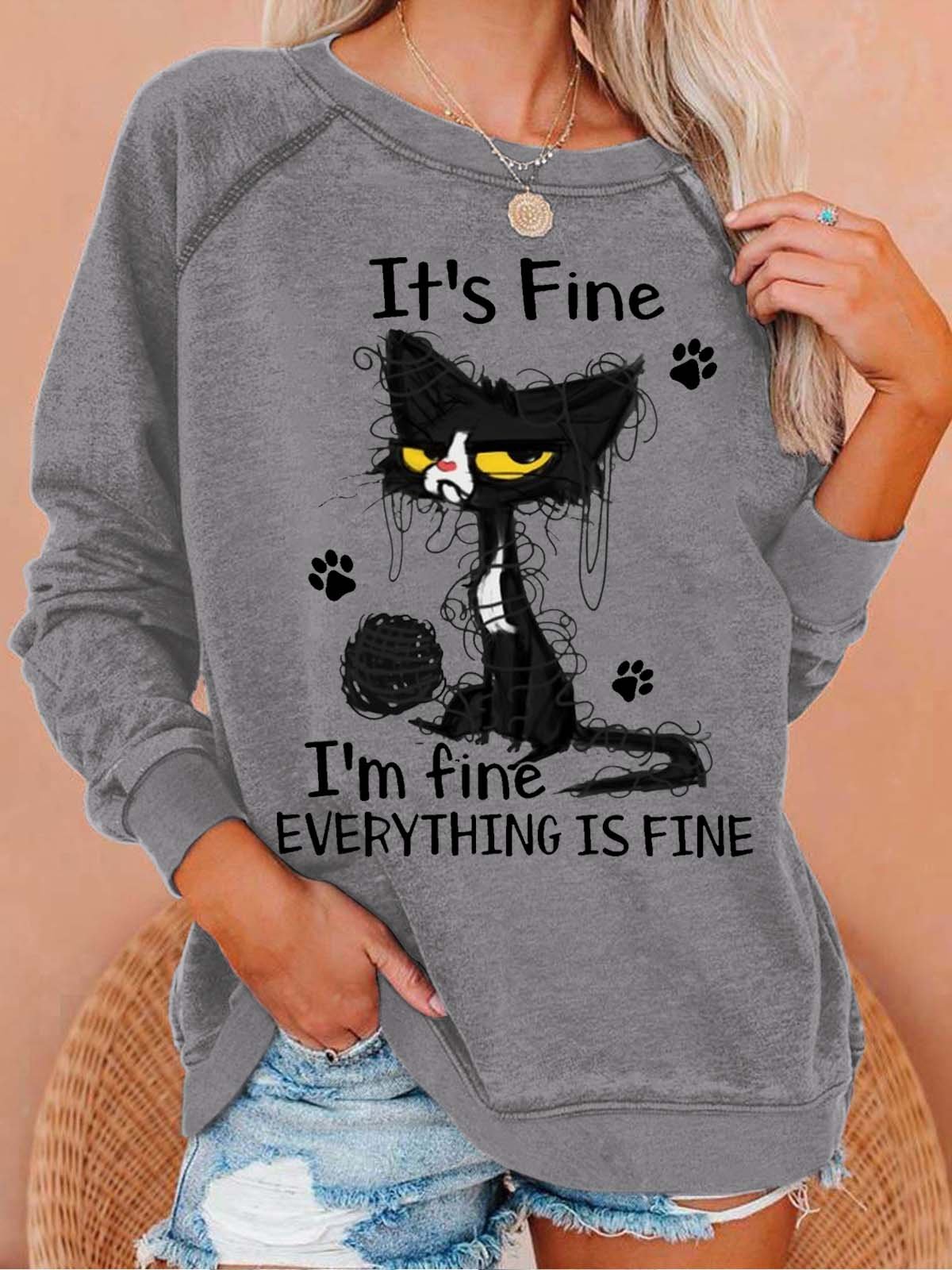 Women's Cat It’s Fine I’m Fine Everything Is Fine Crew Neck Casual Sweatshirt