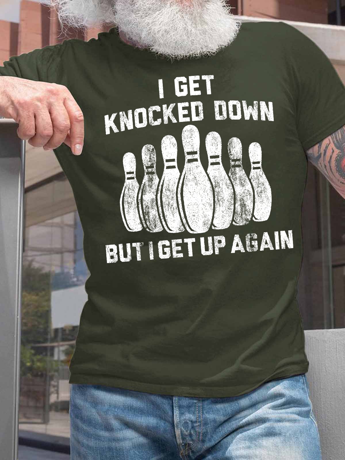 Men's I Get Knocked Down But I Get Up Again Funny Bowling Graphic Print Crew Neck Cotton Casual Text Letters T-Shirt