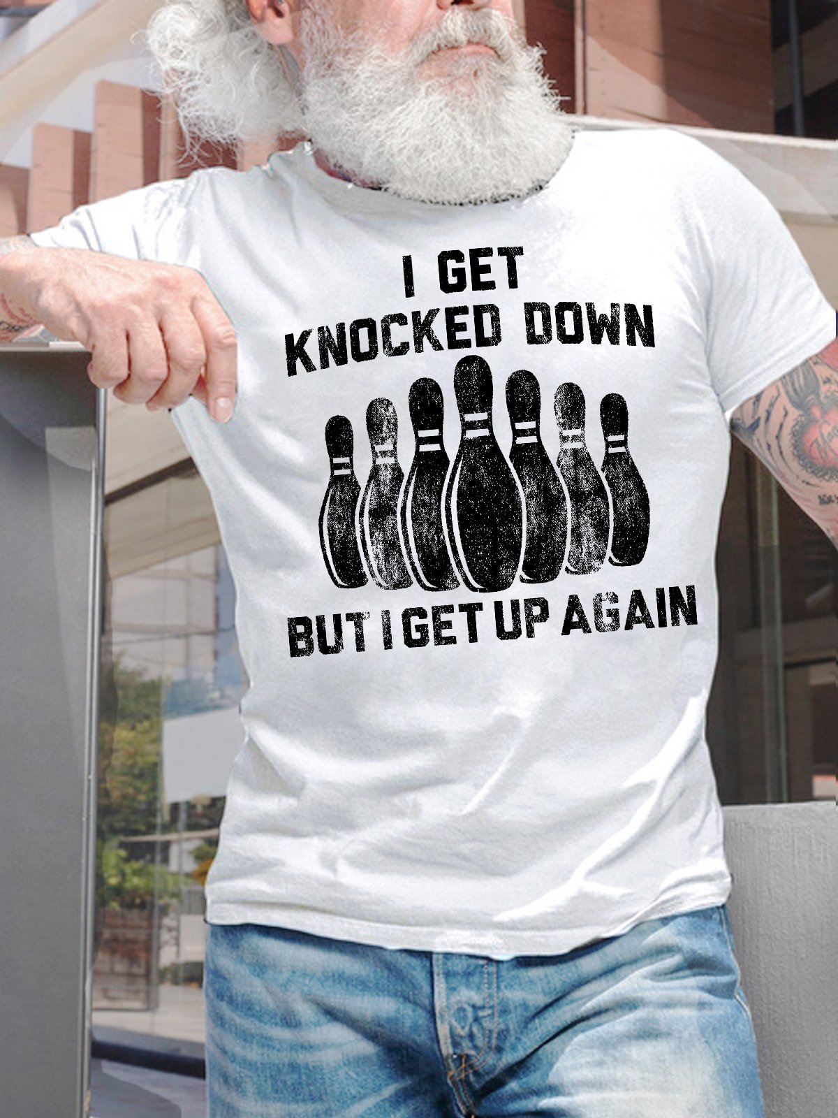 Men's I Get Knocked Down But I Get Up Again Funny Bowling Graphic Print Crew Neck Cotton Casual Text Letters T-Shirt