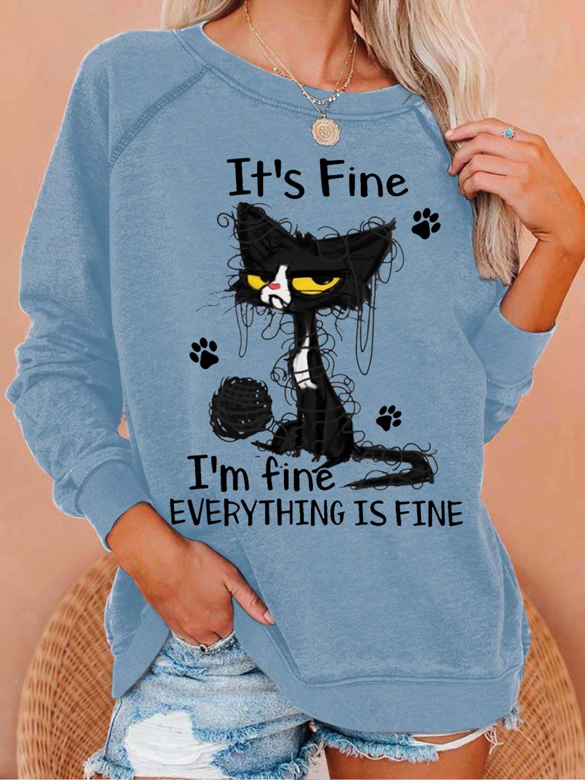 Women's Cat It’s Fine I’m Fine Everything Is Fine Crew Neck Casual Sweatshirt