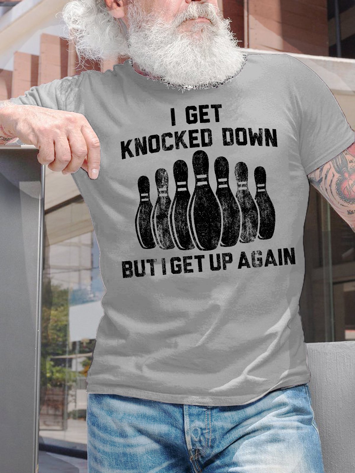 Men's I Get Knocked Down But I Get Up Again Funny Bowling Graphic Print Crew Neck Cotton Casual Text Letters T-Shirt