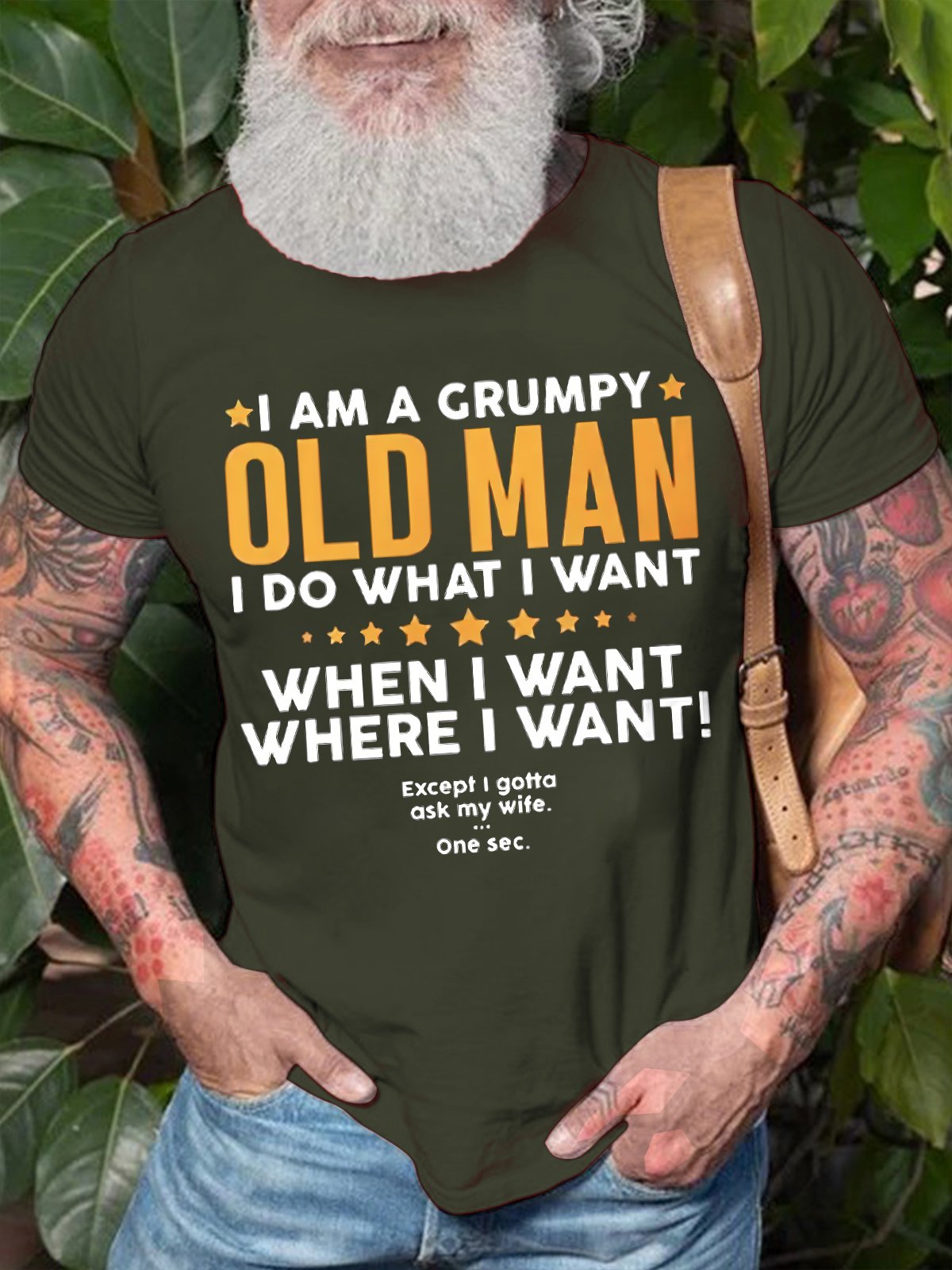 Men's I Am A Grumpy Old Man I Do What I What When I What Except I Gotta Ask My Wife Funny Graphic Print Text Letters Crew Neck Cotton Casual T-Shirt