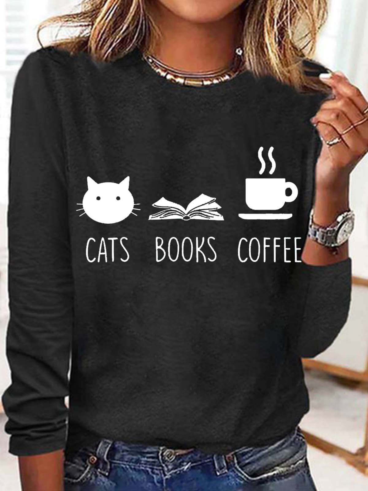 Women's Cats, Books and Coffe Casual Crew Neck Top