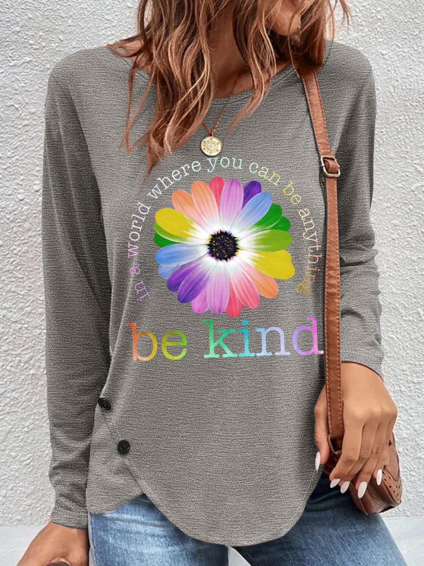 Women's In a World Where You Can be Anything Be Kind Daisy Neck Cotton-Blend Long Sleeve Top