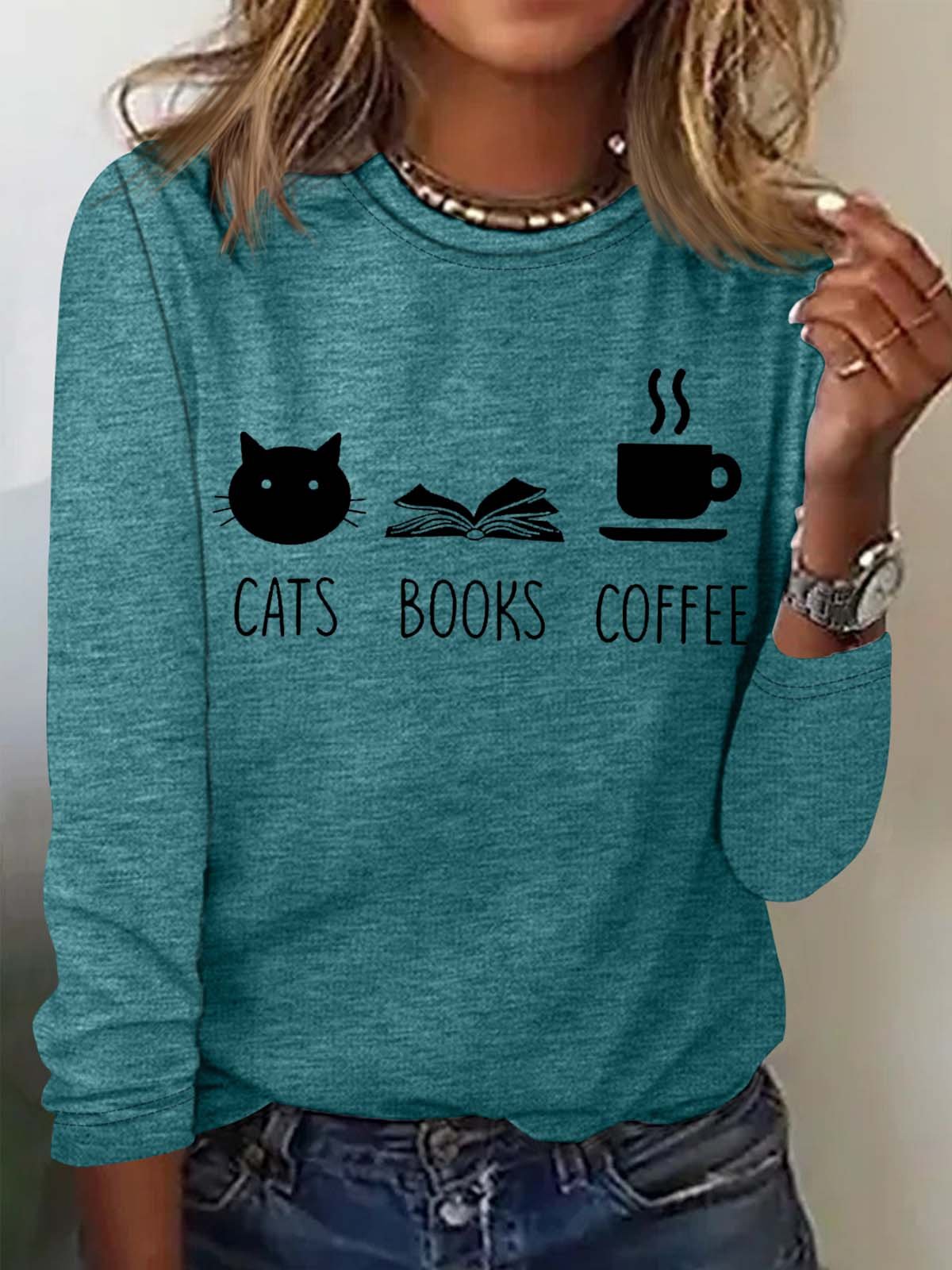 Women's Cats, Books and Coffe Casual Crew Neck Top