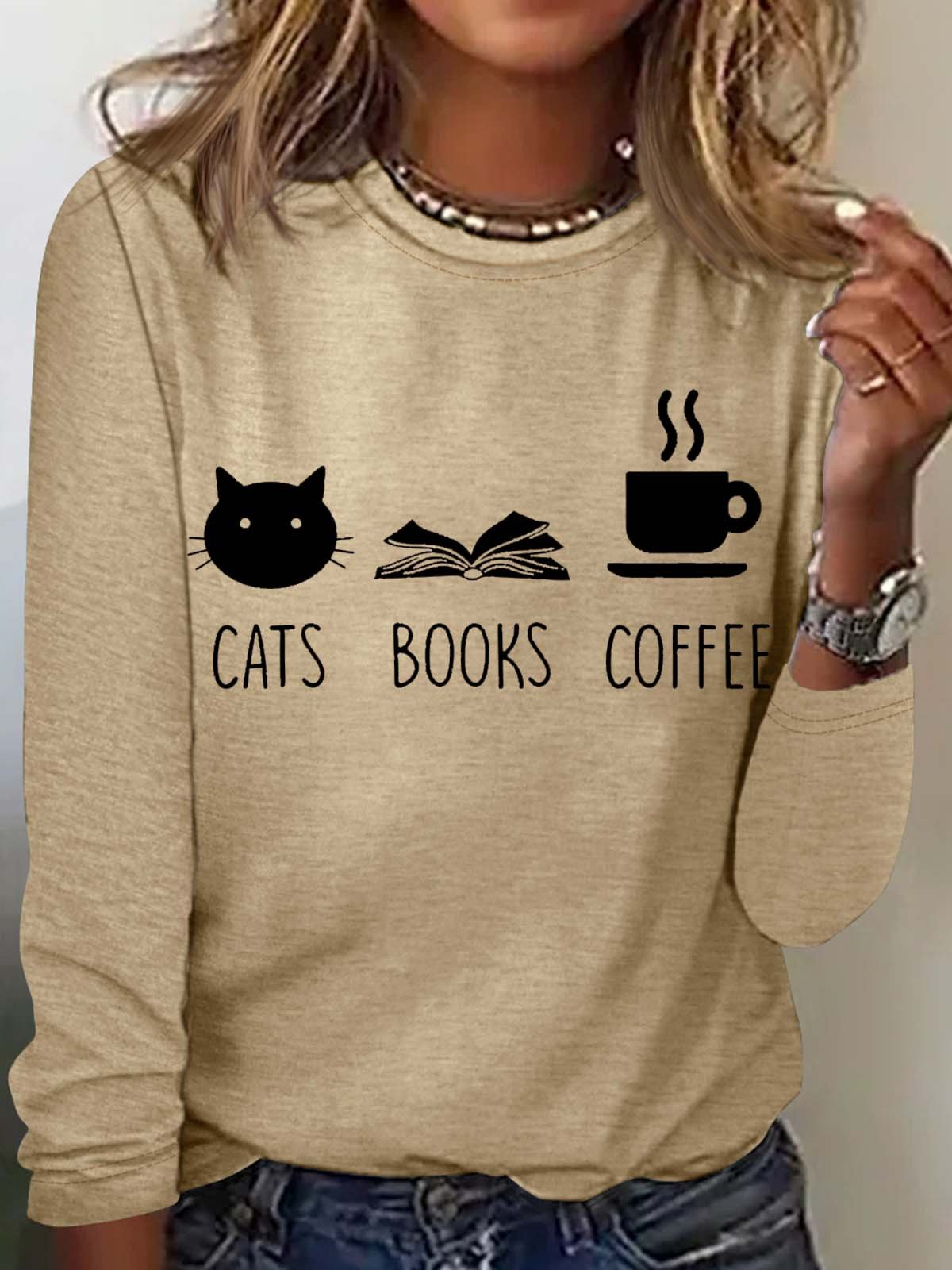 Women's Cats, Books and Coffe Casual Crew Neck Top