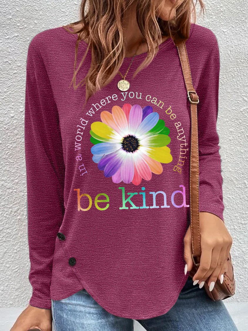 Women's In a World Where You Can be Anything Be Kind Daisy Neck Cotton-Blend Long Sleeve Top