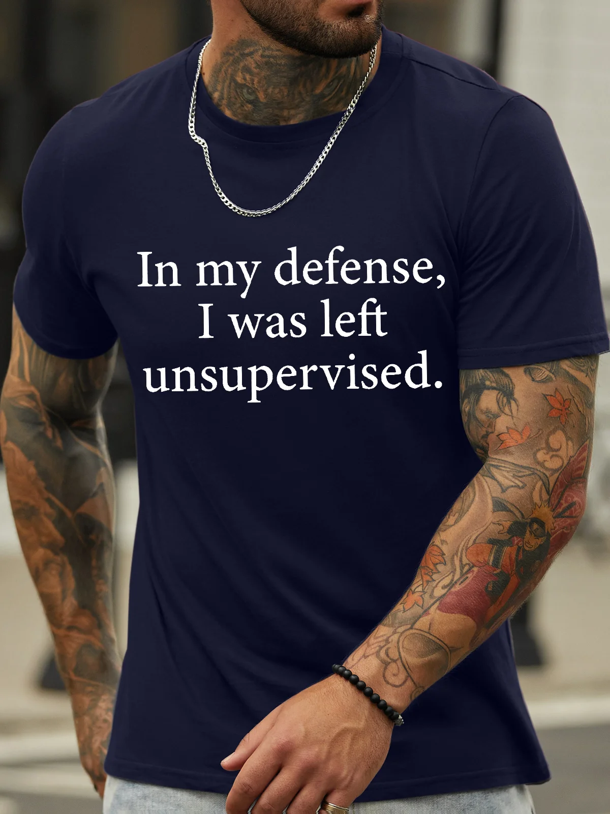 Men's In My Defense I Was Left Unsupervised Funny Graphic Print Cotton Text Letters Casual T-Shirt