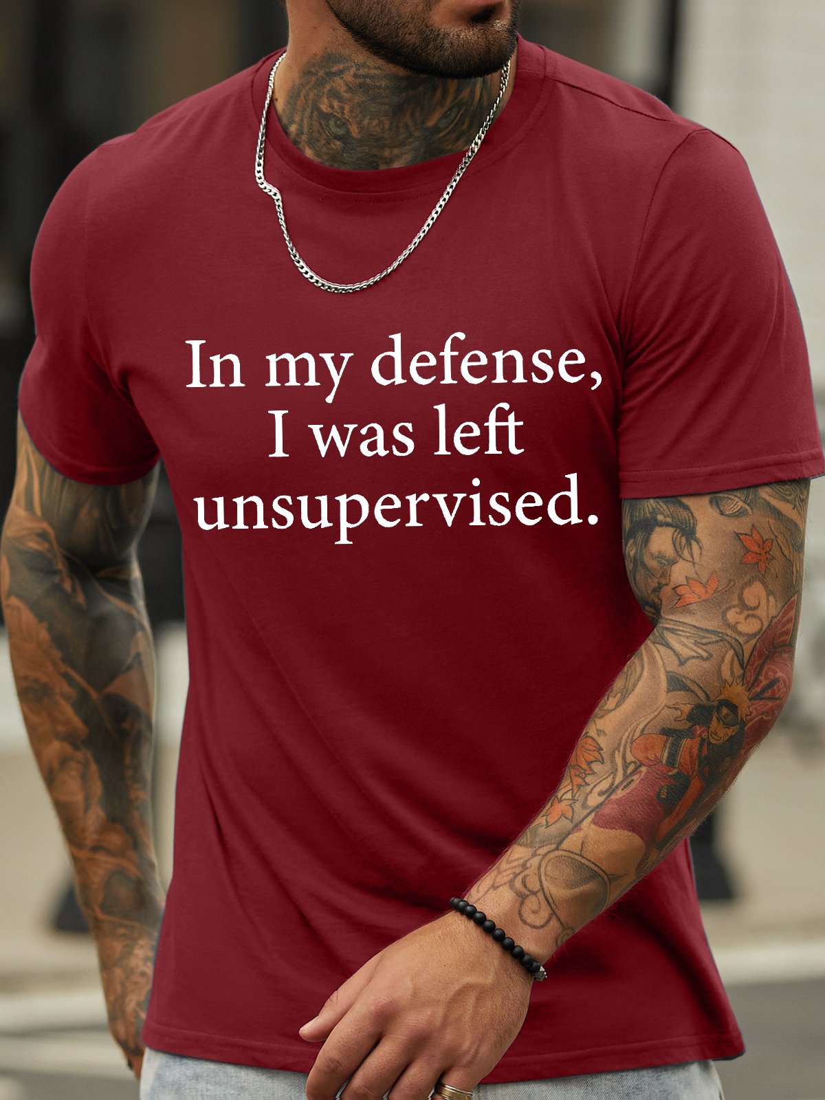 Men's In My Defense I Was Left Unsupervised Funny Graphic Print Cotton Text Letters Casual T-Shirt