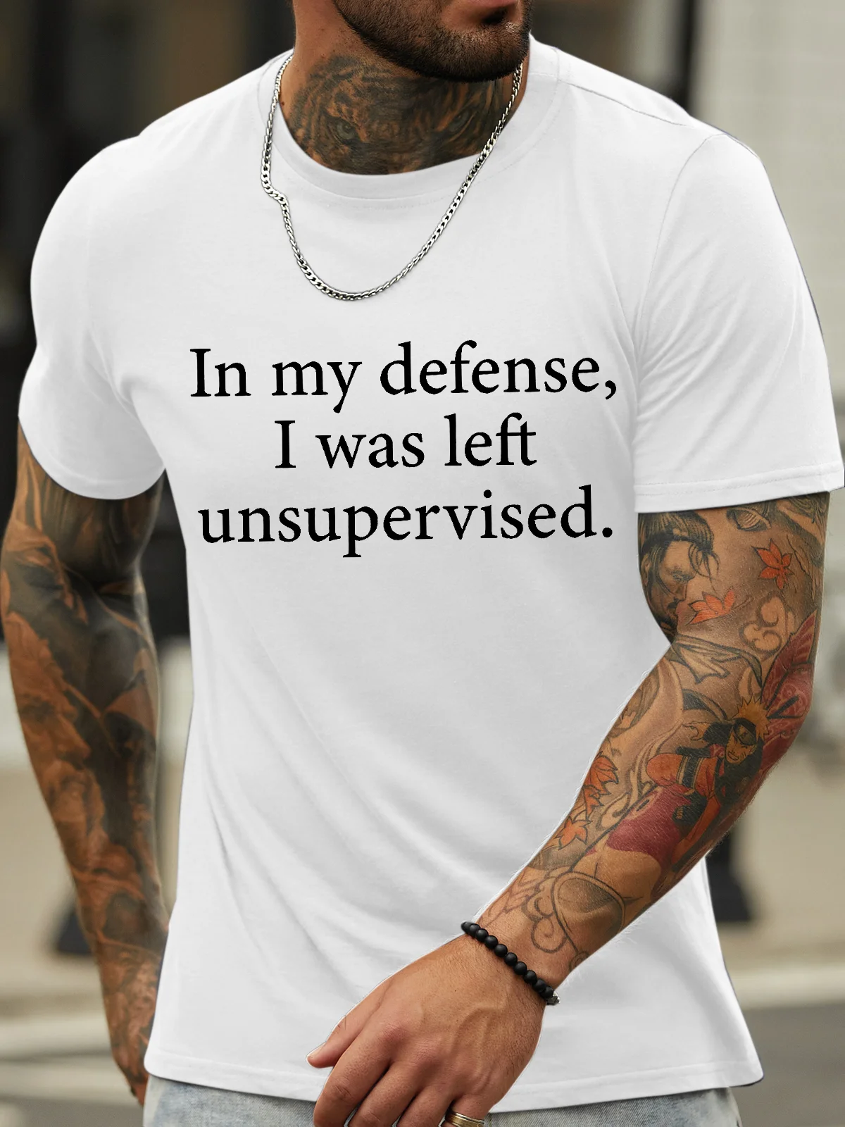 Men's In My Defense I Was Left Unsupervised Funny Graphic Print Cotton Text Letters Casual T-Shirt